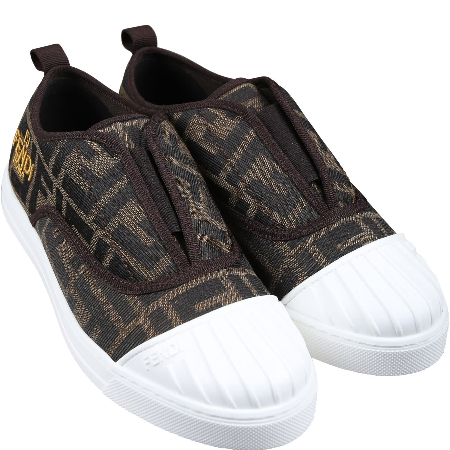 Shop Fendi Sneakers For Kids With All-over Ff Logo In Brown