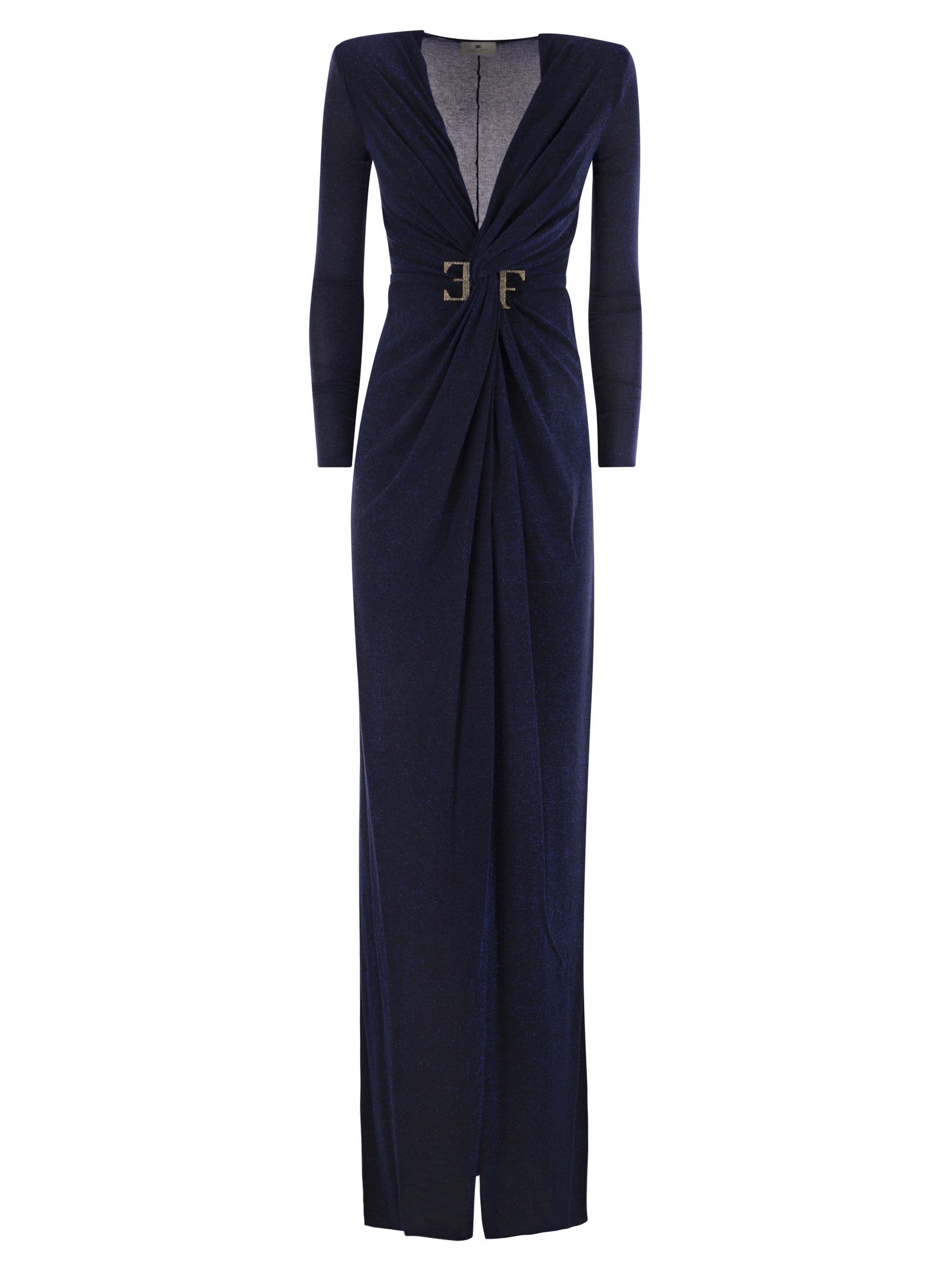 Shop Elisabetta Franchi Red Carpet Dress In Lurex Jersey With Knot And Logo Accessory In Navy