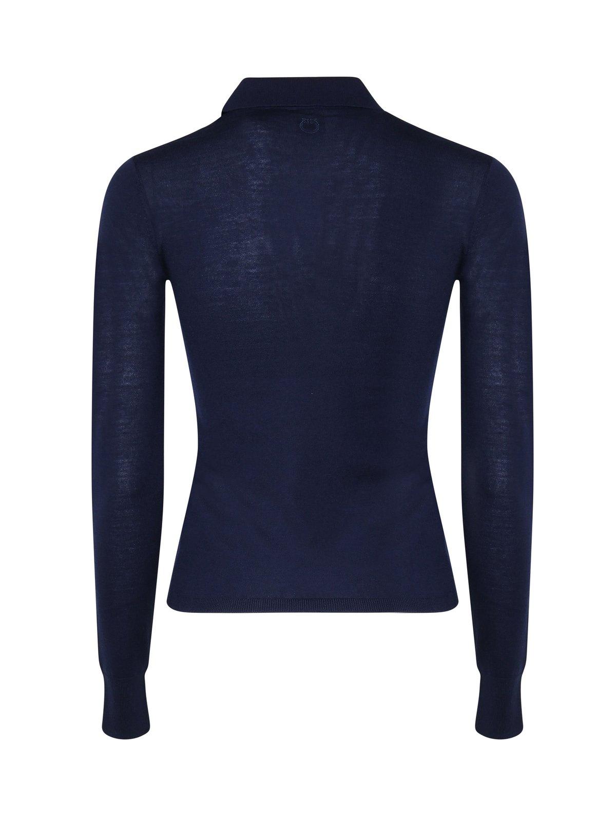 Shop Pinko Liquoroso Long-sleeved Knitted Polo Shirt  In Blue