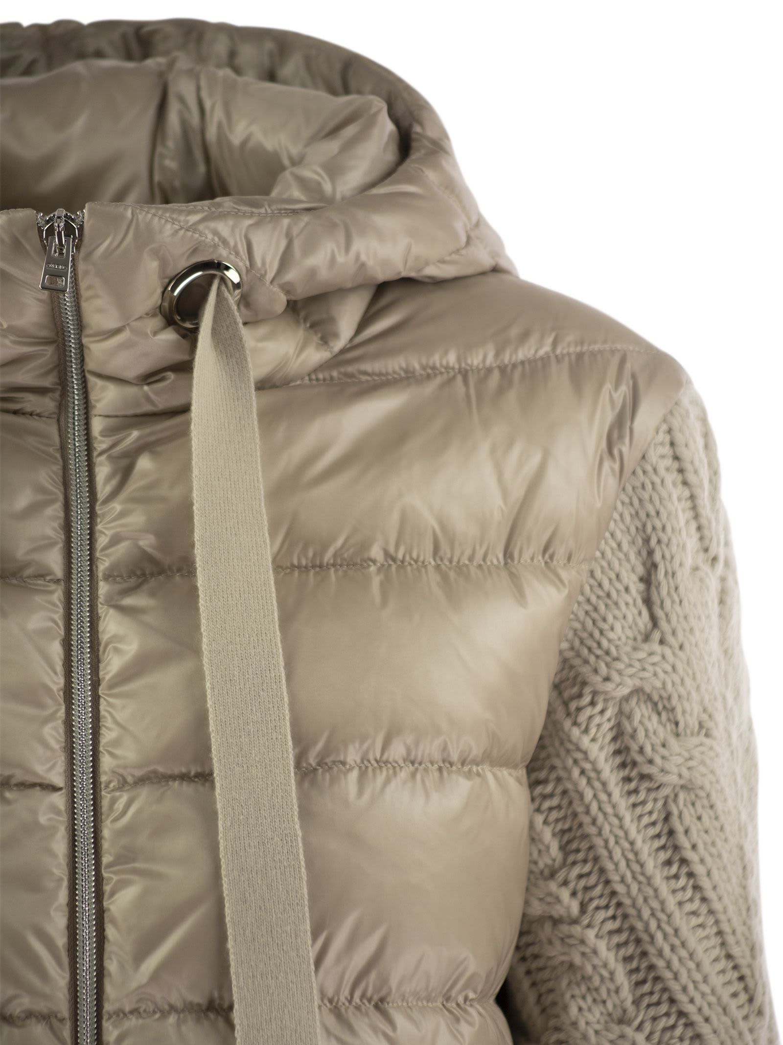 Herno Elegant Long Down Jacket With Wool-textured Sleeves In Beige