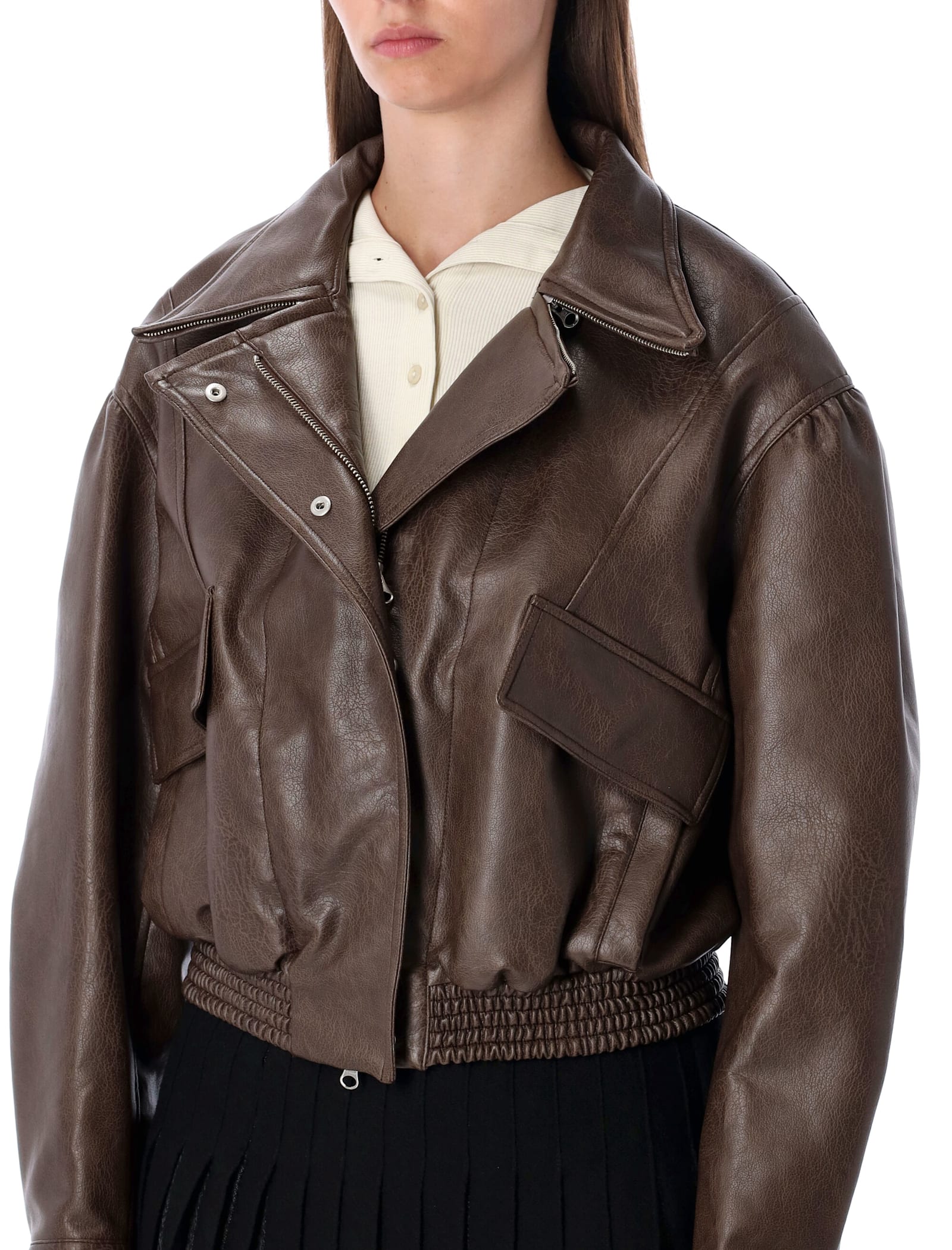 Low Classic Oversized Brown Faux Leather Bomber In Brown
