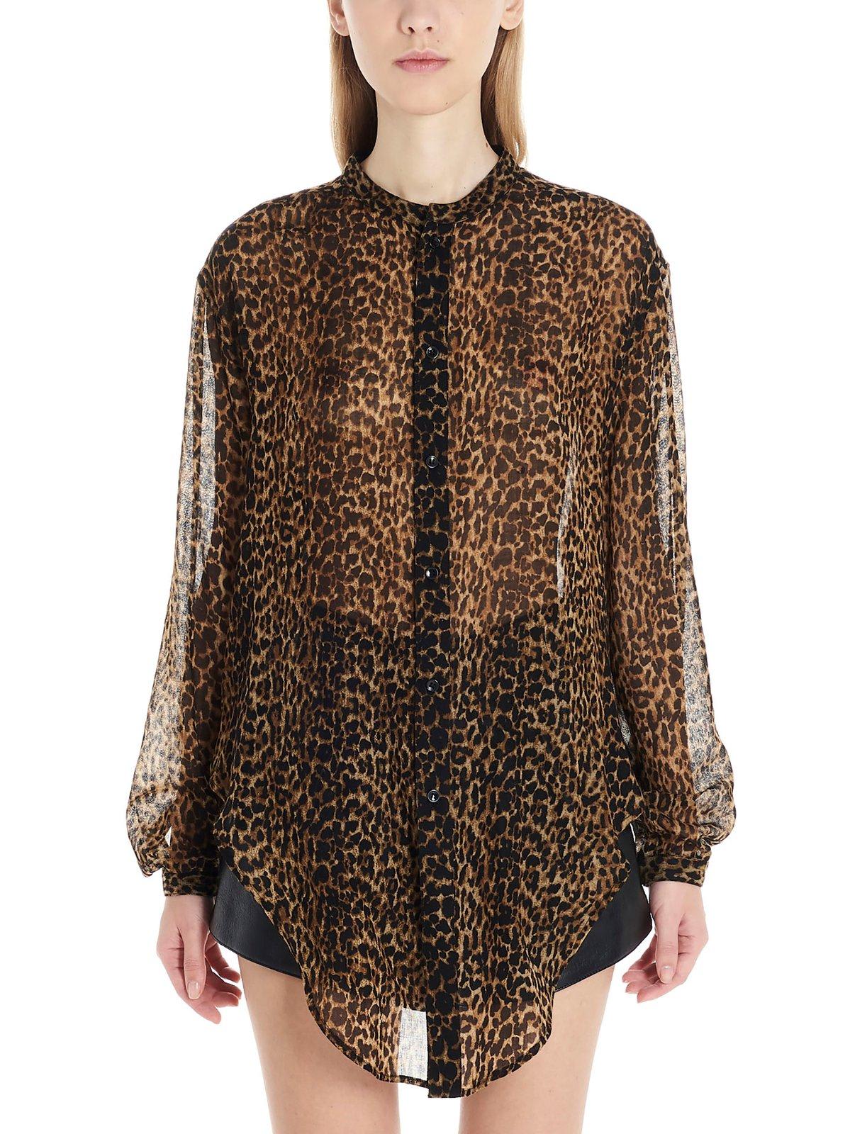 Saint Laurent Leopard Print Sheer Shirt In Animalier