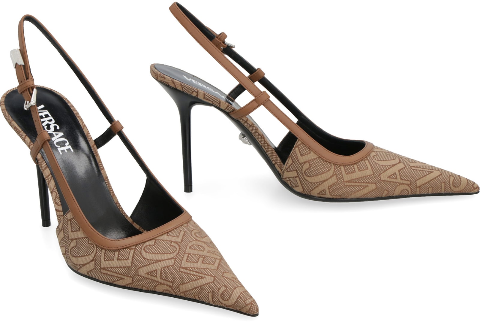 Shop Versace Fabric Slingback Pumps In Brown