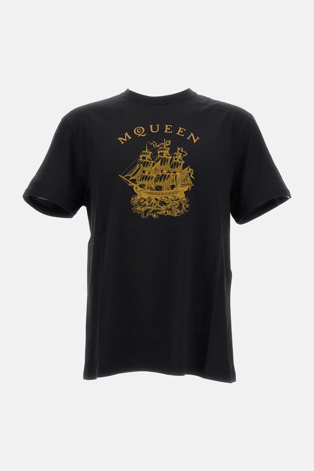 Alexander Mcqueen Crewneck T-shirt With Gold Ship Graphic In Black