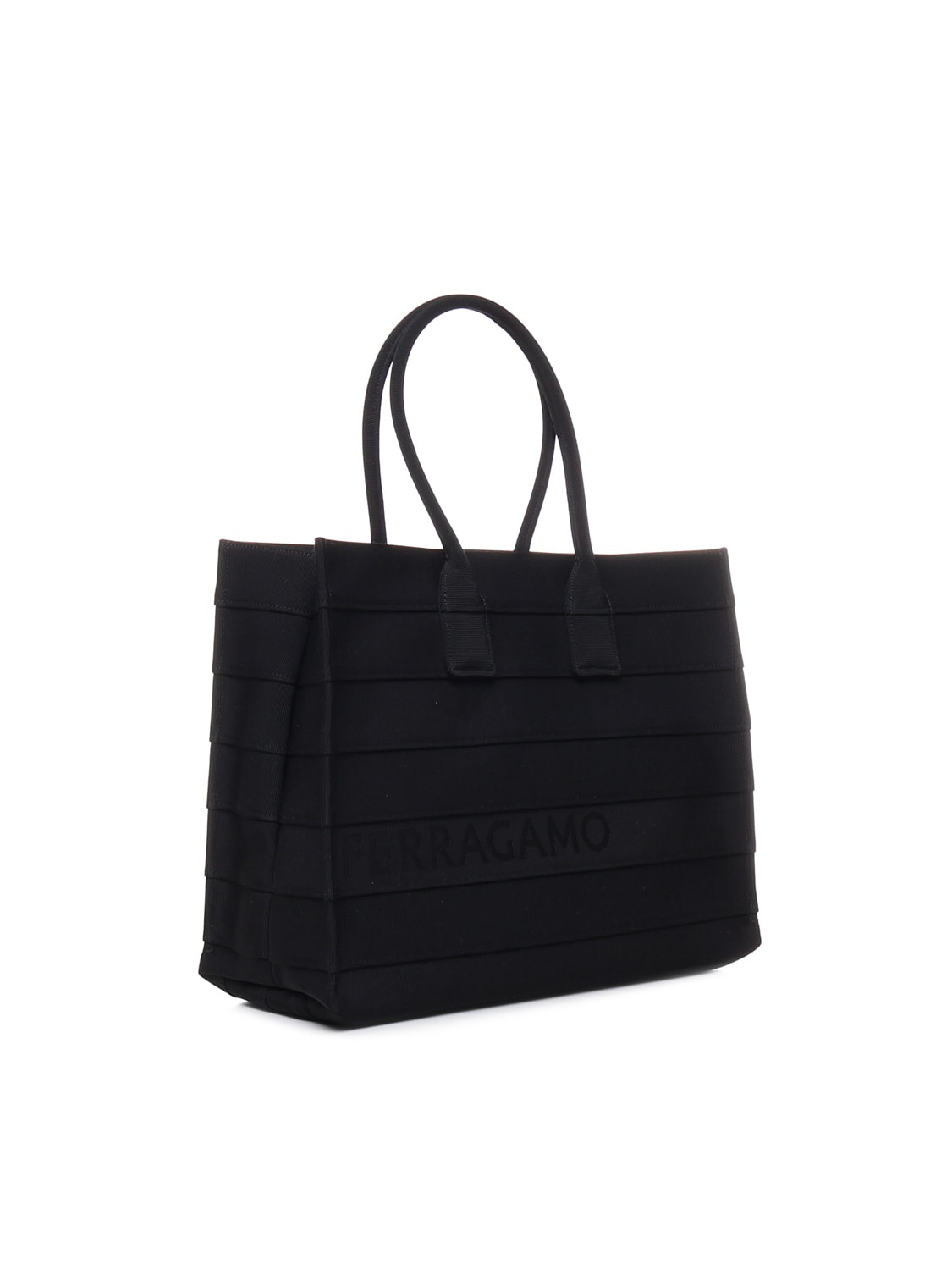 Shop Ferragamo Tote Bag With Overlapping Panels And Printed Logo In Black