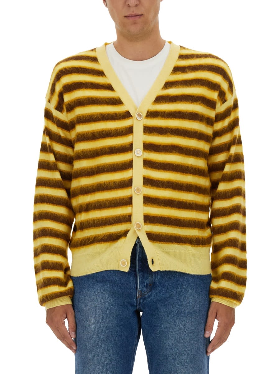 Shop Marni Striped Cardigan In Yellow