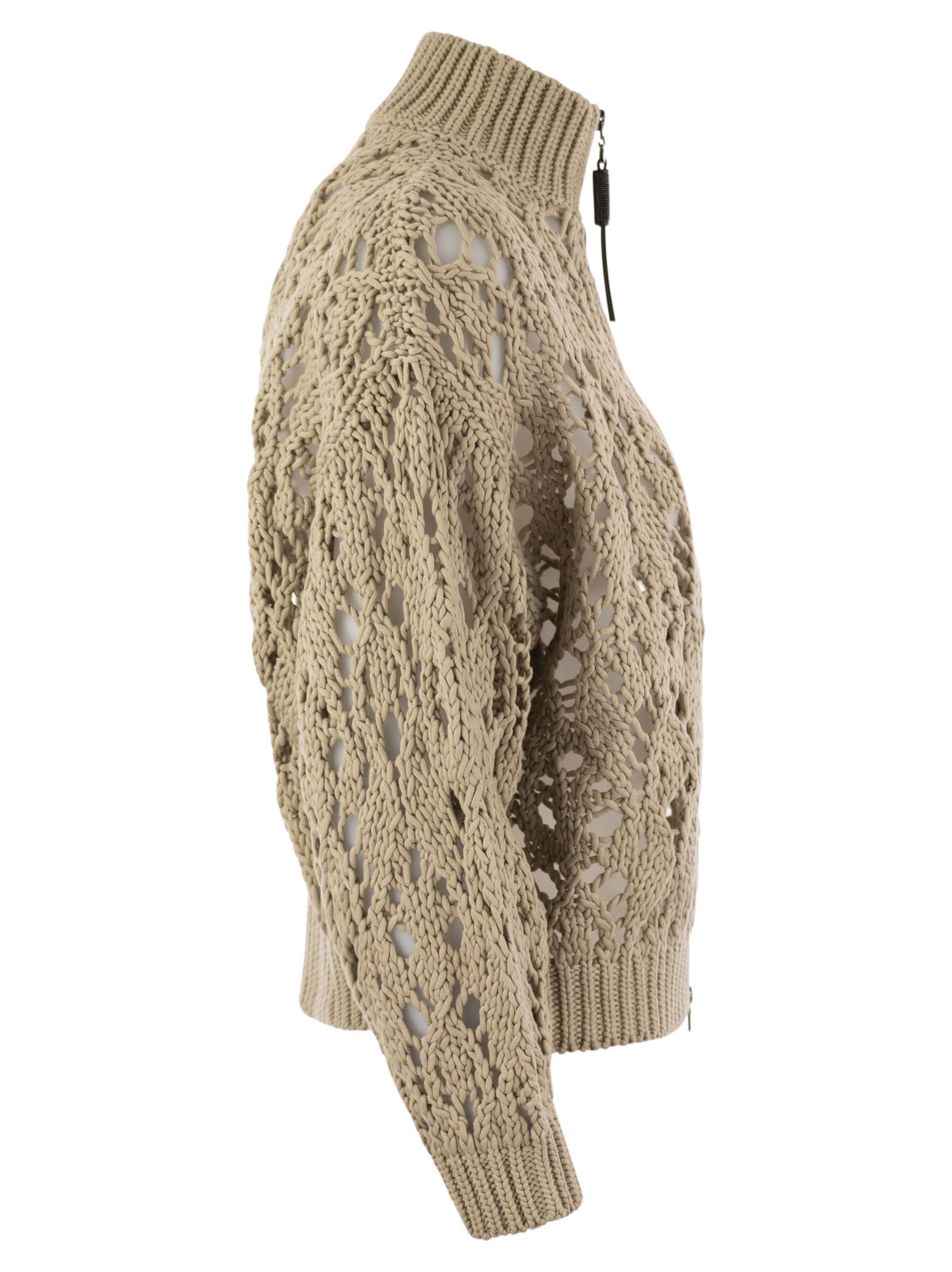 Shop Brunello Cucinelli Soft Feather Cotton Lace Stitch Cardigan With Precious Zipper Pull In Light Camel