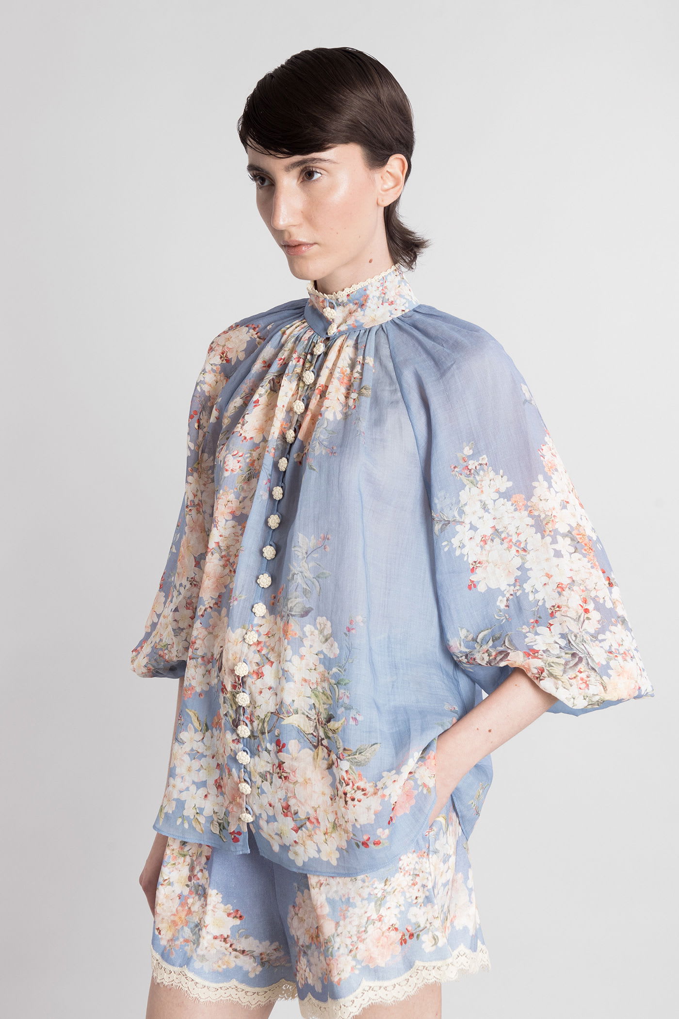 Zimmermann Womens Teal Blue Botanical Cascadian Billow Floral Woven Blouse In Blue