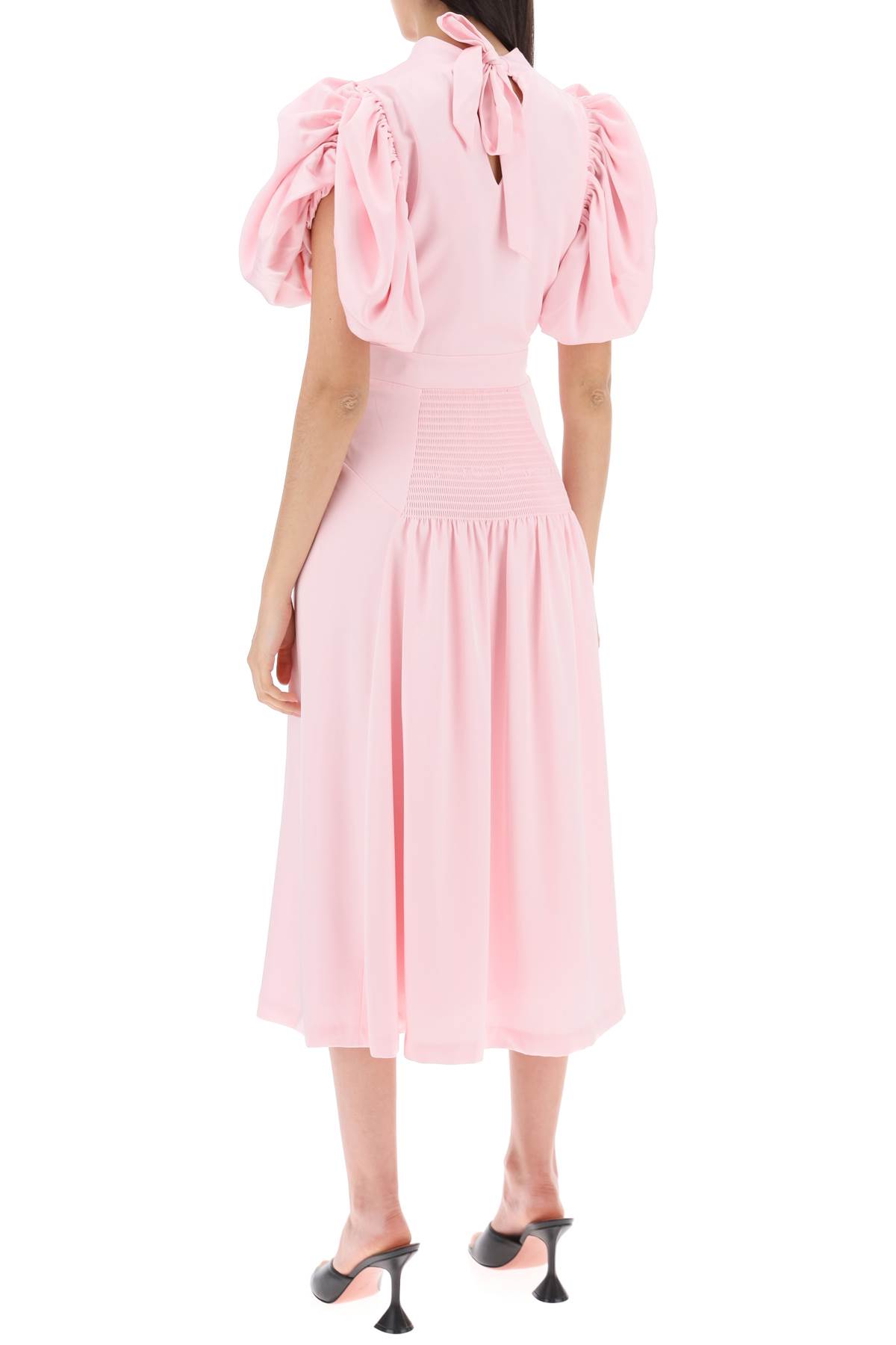 Shop Rotate Birger Christensen Midi Satin Dress With Balloon Sleeves In Blushing Bride (pink)