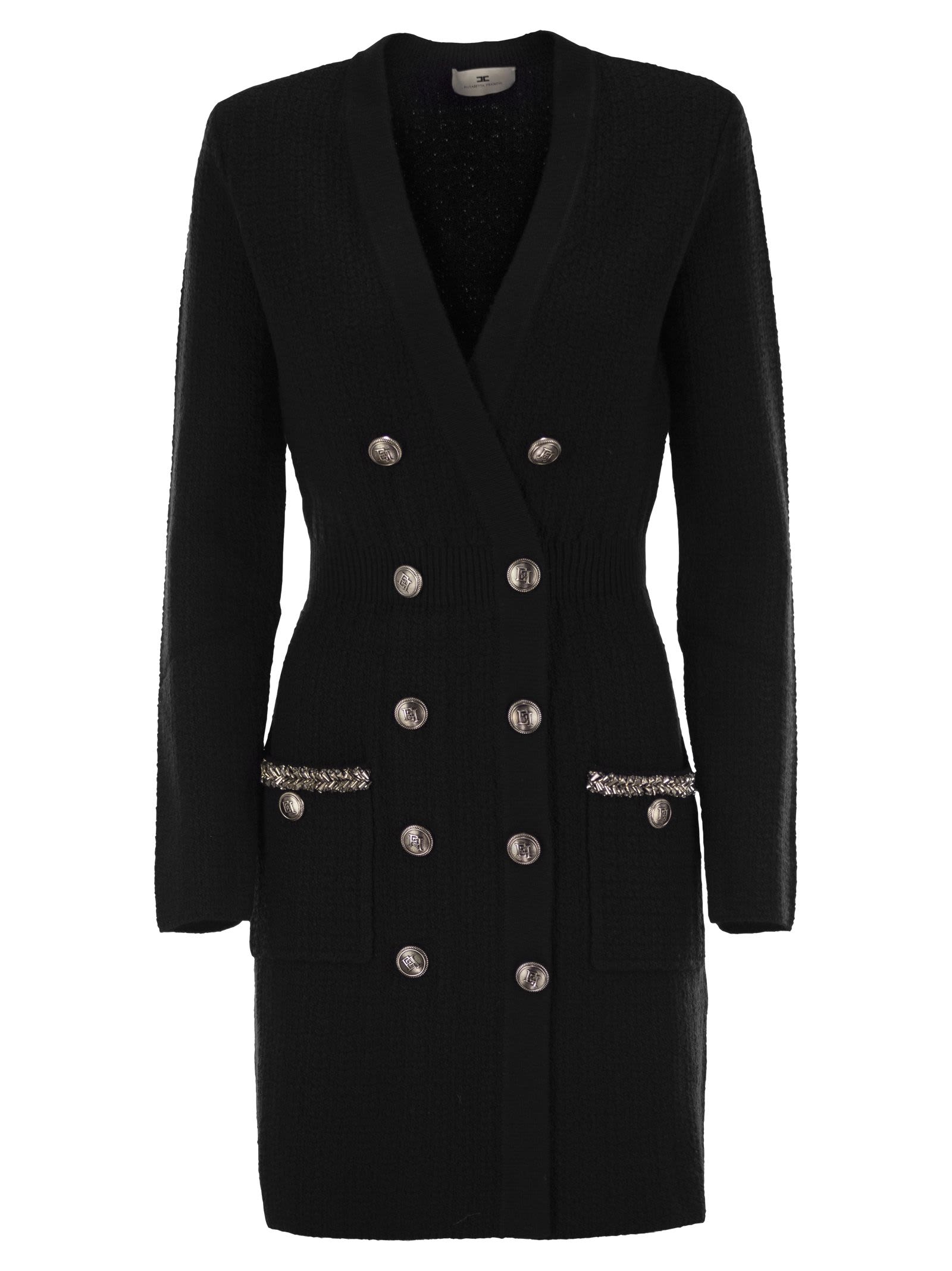 Shop Elisabetta Franchi Robe Manteau In Bouclé Wool With Embroidery In Black