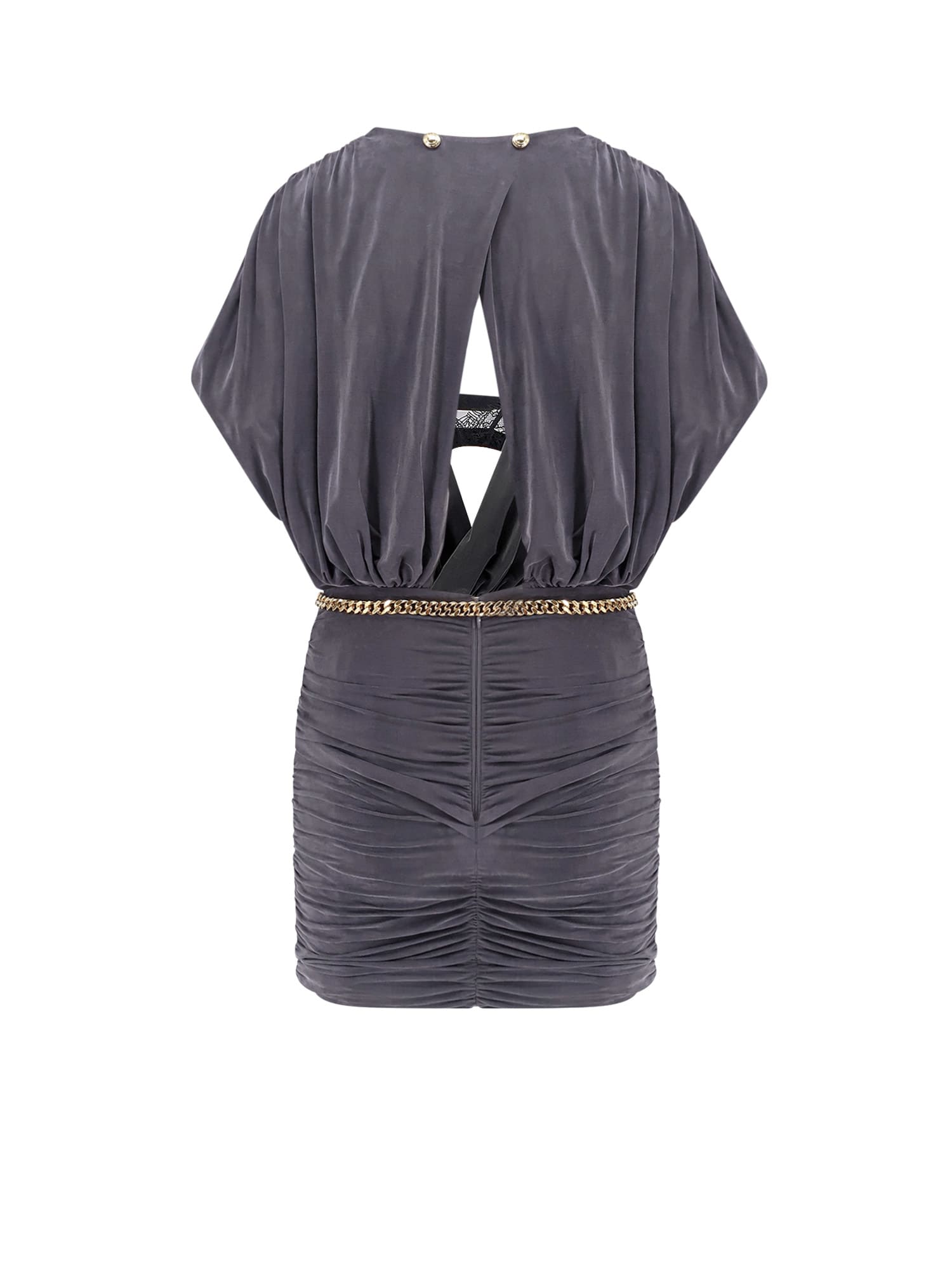 Elisabetta Franchi Mini Dress With Drapery And Metal Belt In Grey