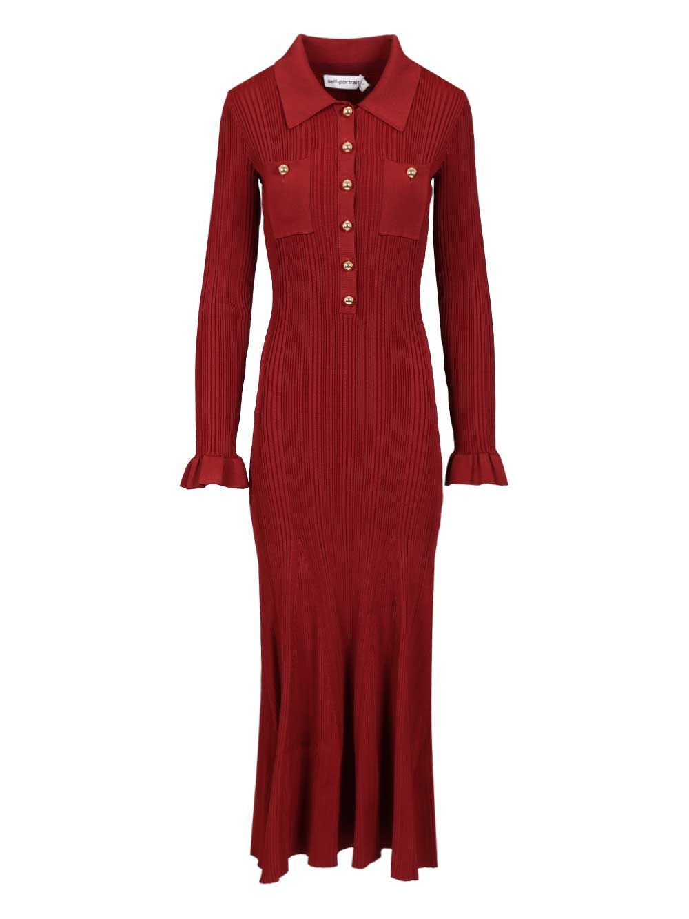 Self-portrait Knee Length Dress With Flared Cuffs And Pockets In Burgundy