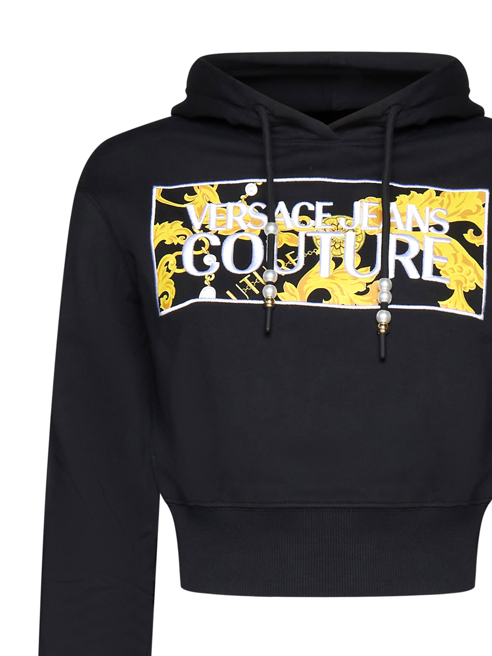 Shop Versace Jeans Couture Cropped Sweatshirt With Logo In Black Gold