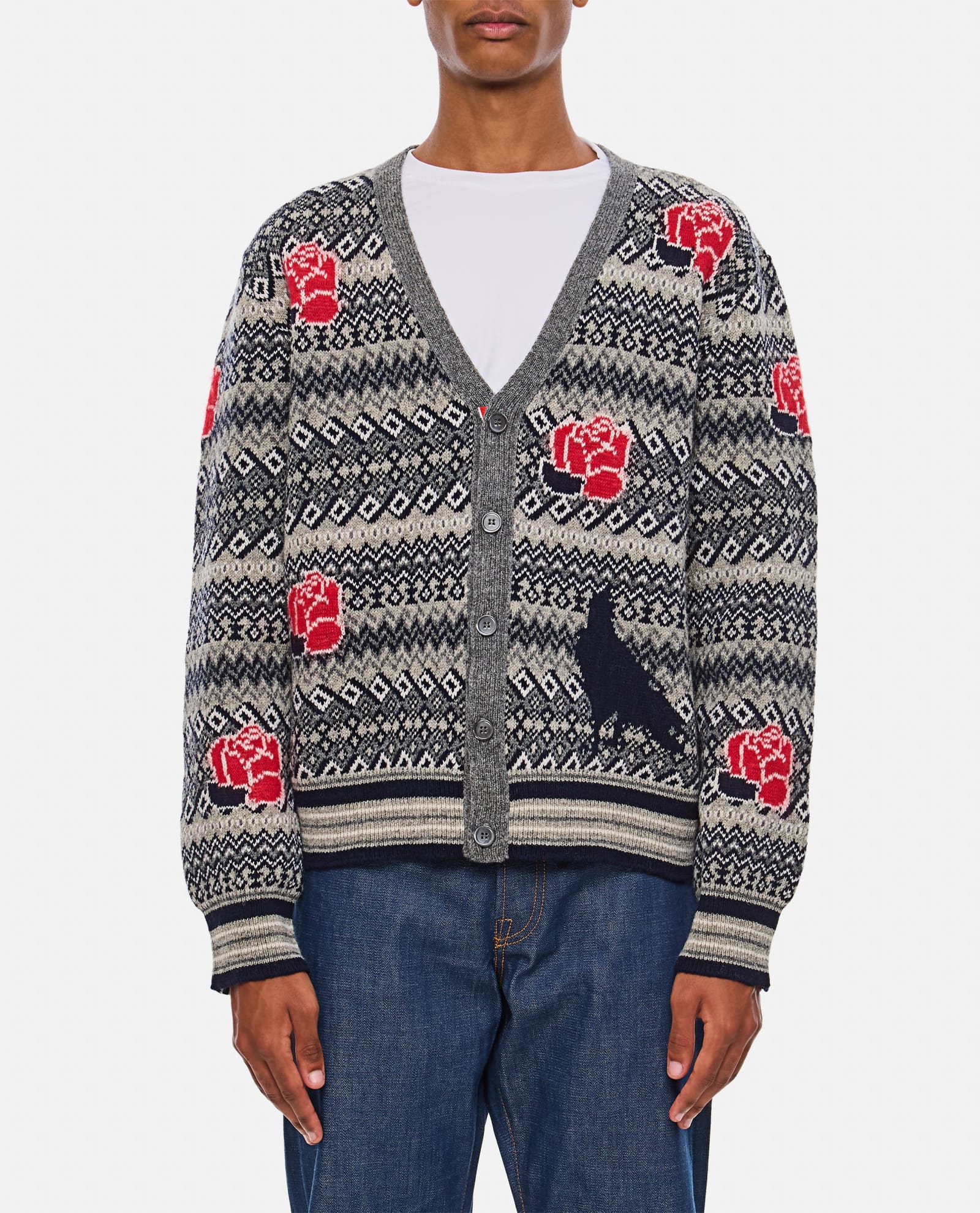 Shop Thom Browne V Neck Cardigan In Shetland Wool And Mohair In Multicolour