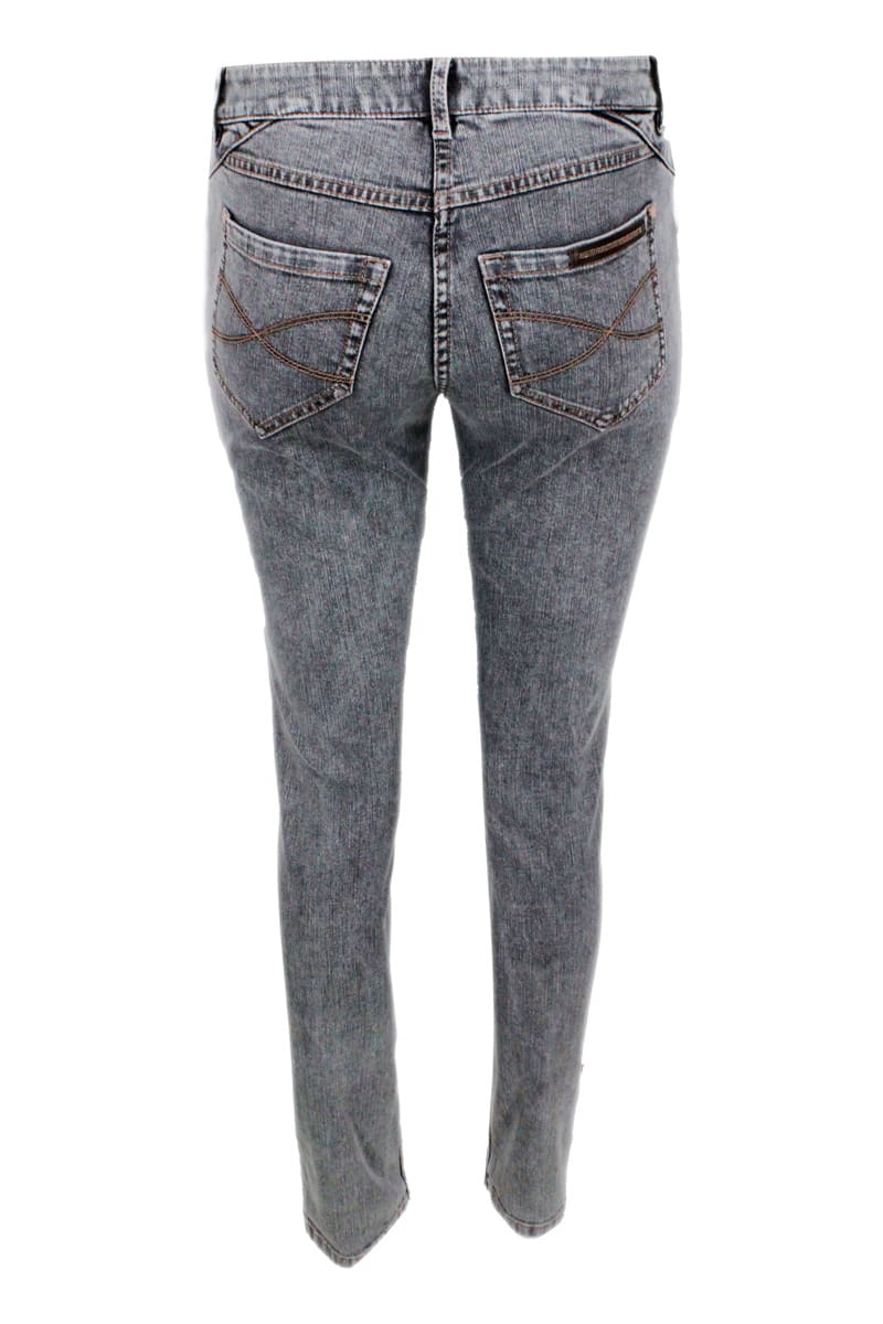 Shop Brunello Cucinelli 5-pocket Jeans Trousers In Stretch Denim Skynny Fit Model With Jewels On The Back Pocket In Grey