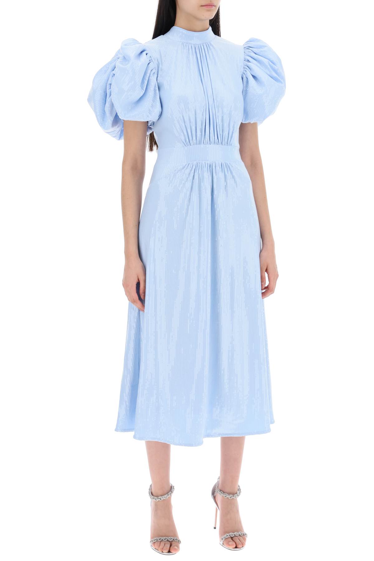 Shop Rotate Birger Christensen Midi Sequin Dress With Balloon Sleeves In Skyway Blue (light Blue)