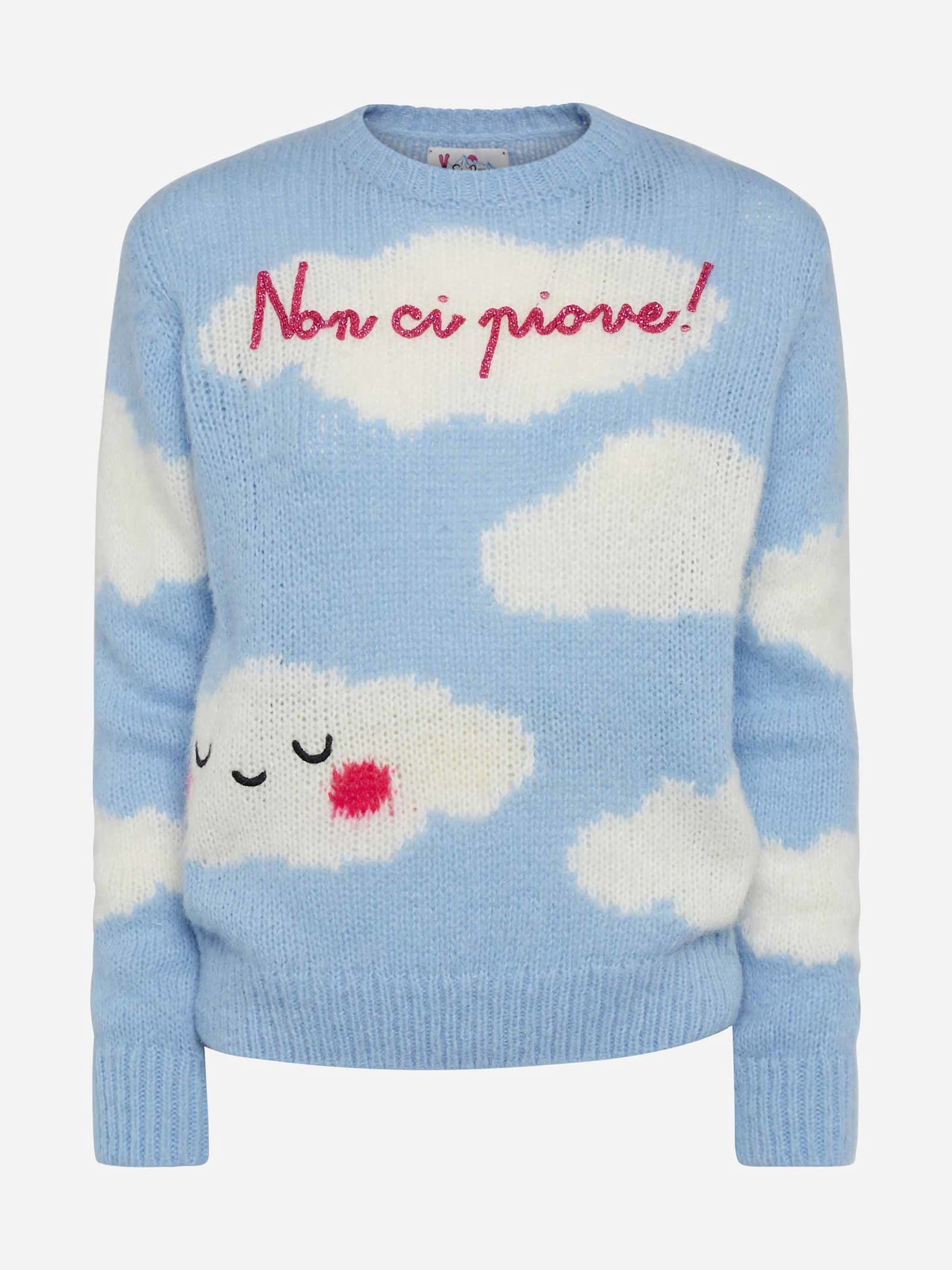 Mc2 Saint Barth Woman Crewneck Soft Sweater With Non Ci Piove Embroidery In Sky