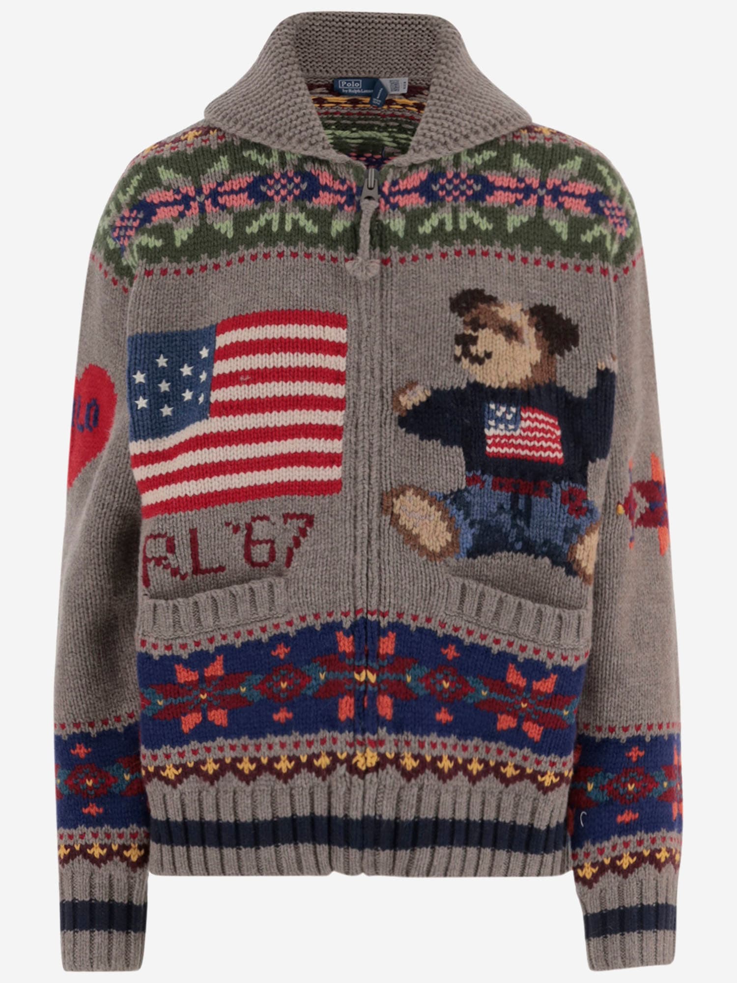 Polo Ralph Lauren Wool Sweater With Polo Bear Print And Geometric Pattern In Gray