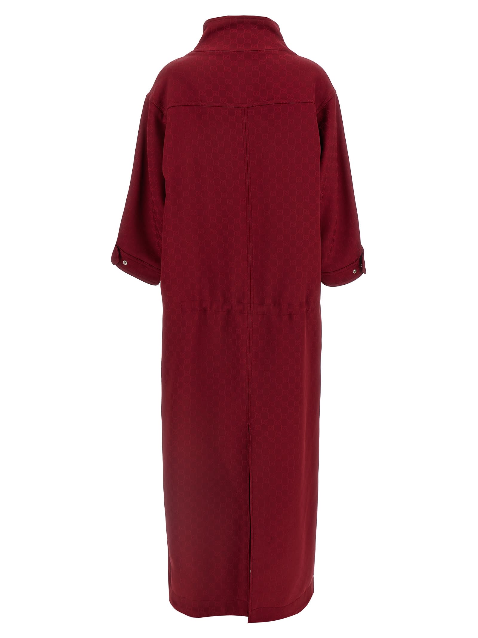 Gucci Bordeaux Coat With Adjustable Stand-up Collar And Drawstring Waist In Gg Canvas Woman In Red