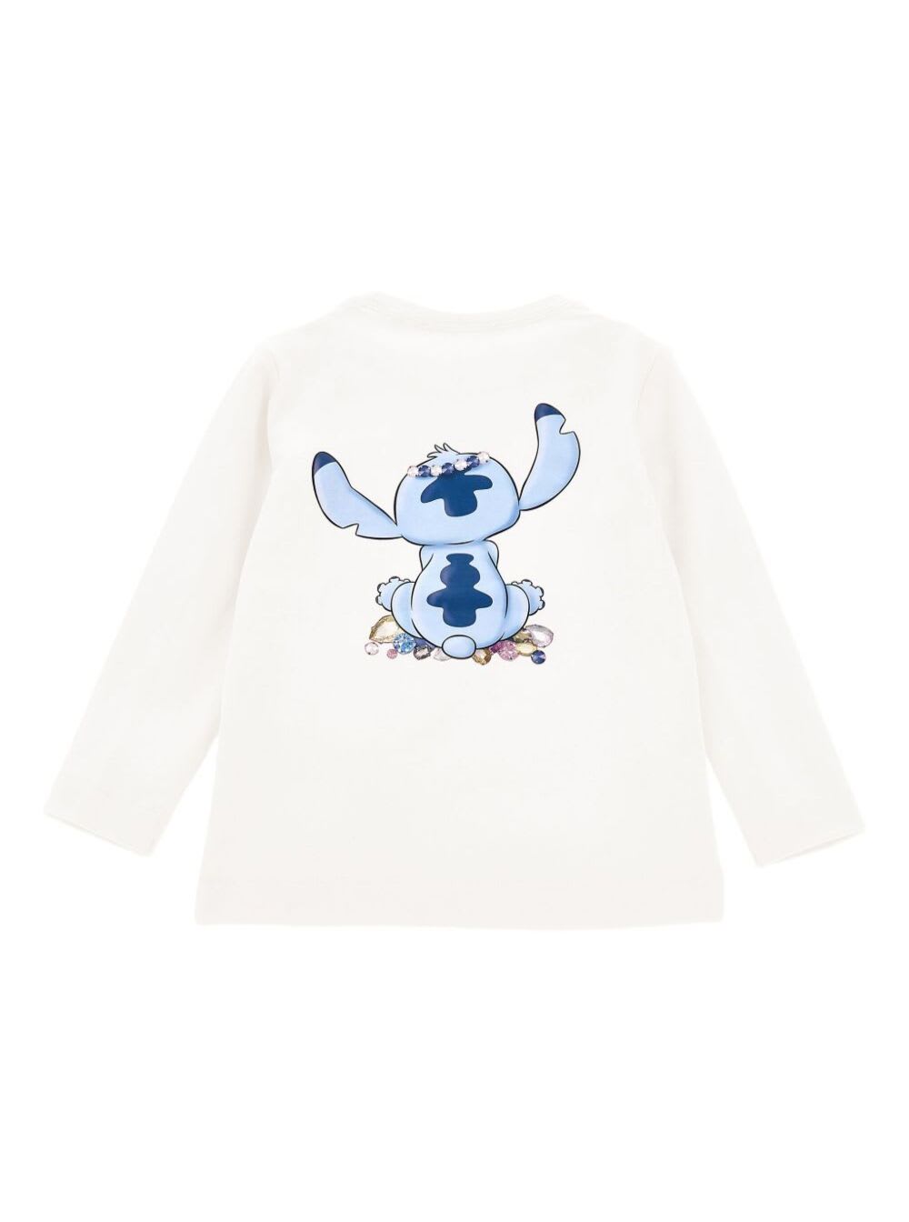 Monnalisa White Long-sleeved T-shirt With Front Print In Cotton Baby In White
