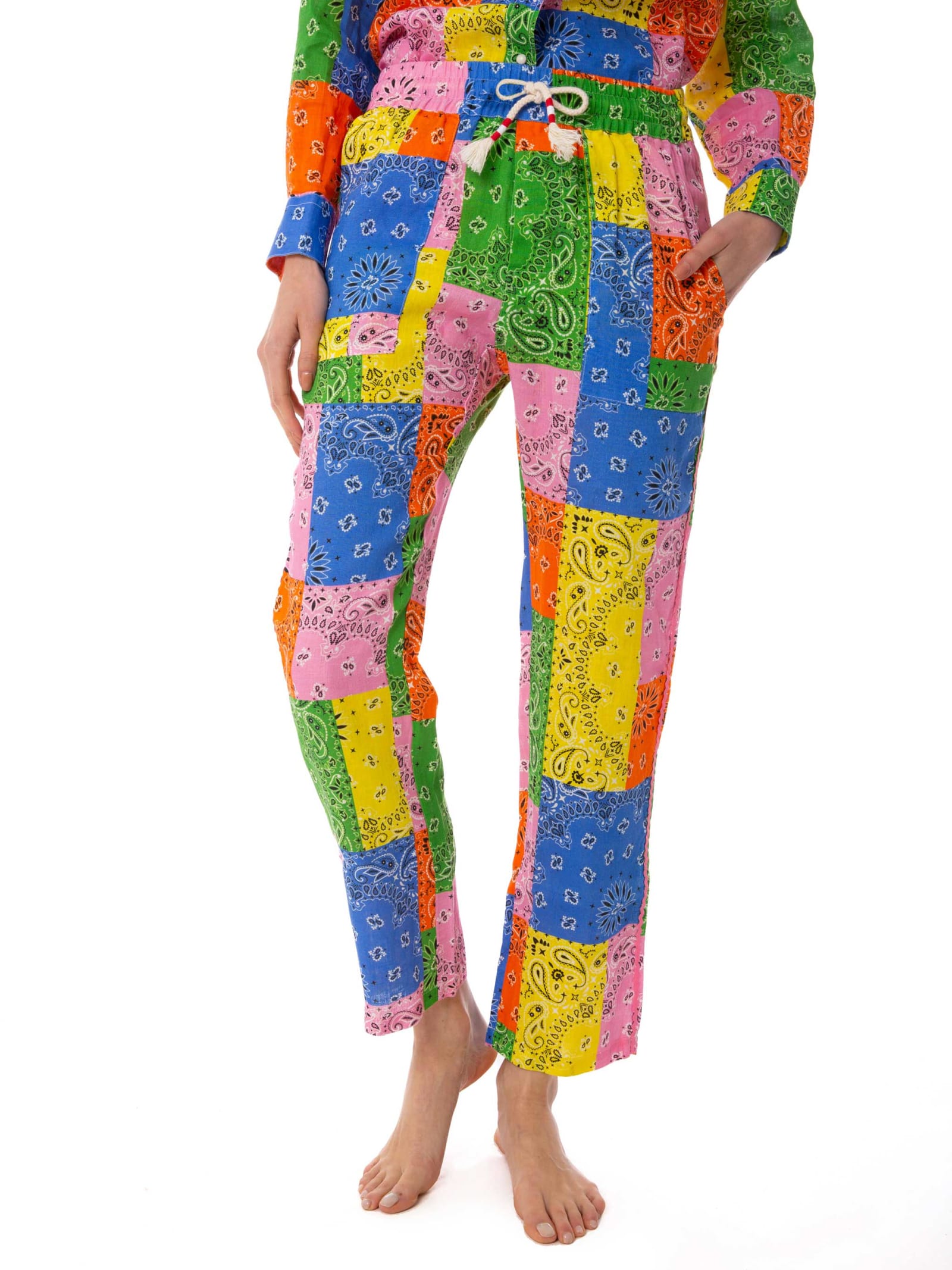 Mc2 Saint Barth Woman Linen Pants With Multicolor Bandanna Print In Multicolor