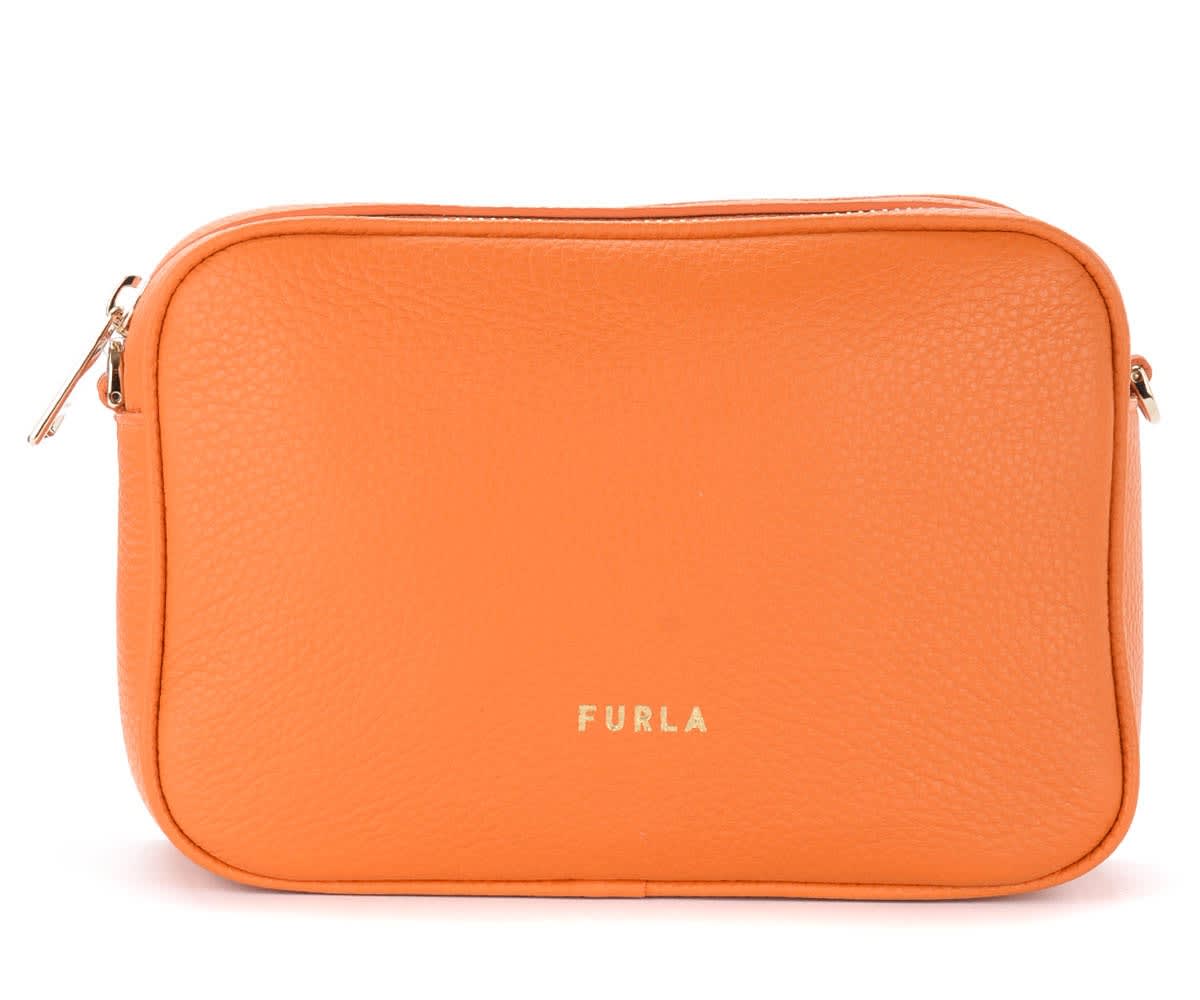 Furla Real Shoulder Bag In Orange Leather With Printed Shoulder Strap