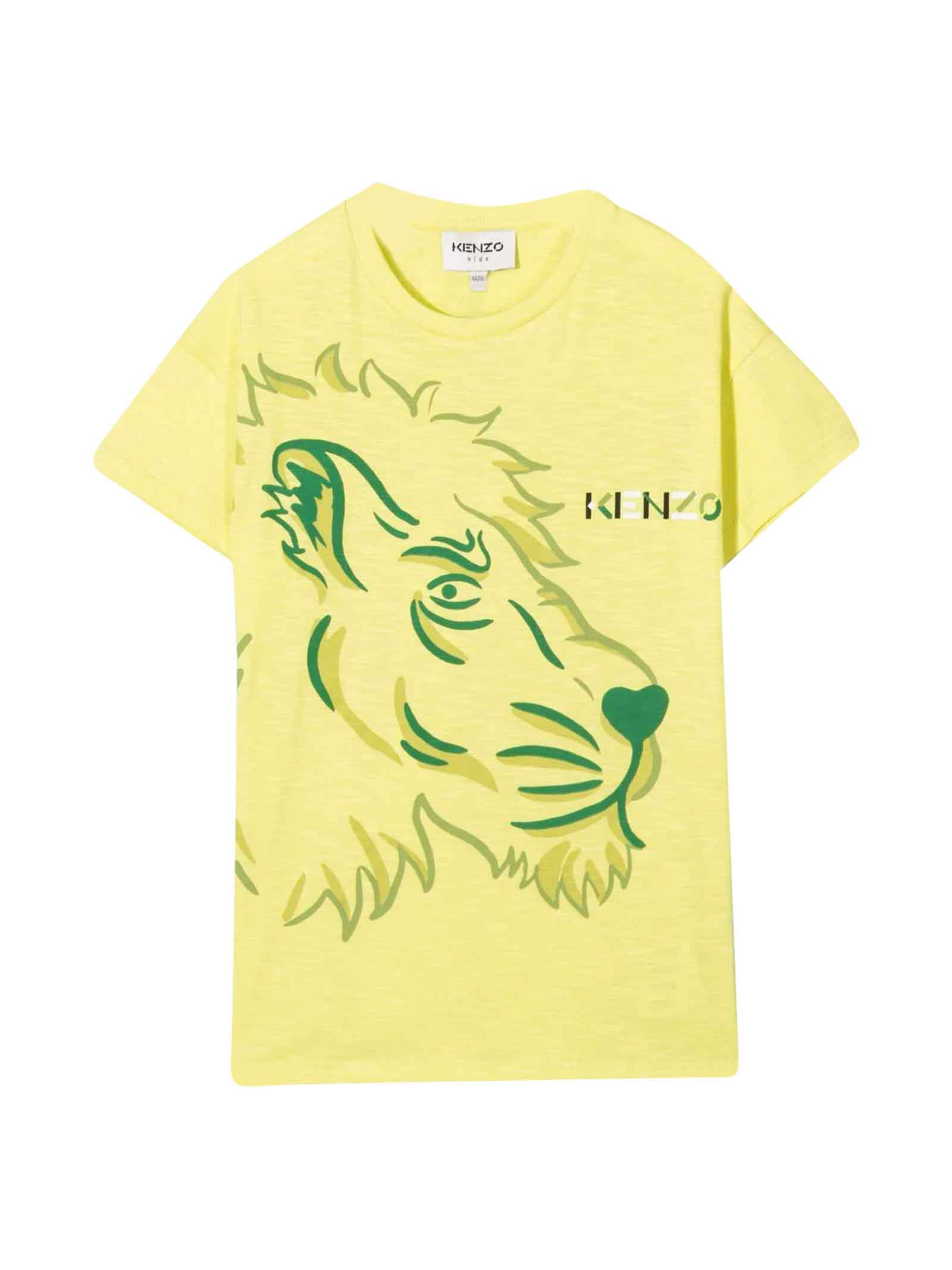 Kenzo Kids Yellow Boy T-shirt With Green Tiger Print, Logo Printed On The Side, Crew Neck And Short Sleeves By.