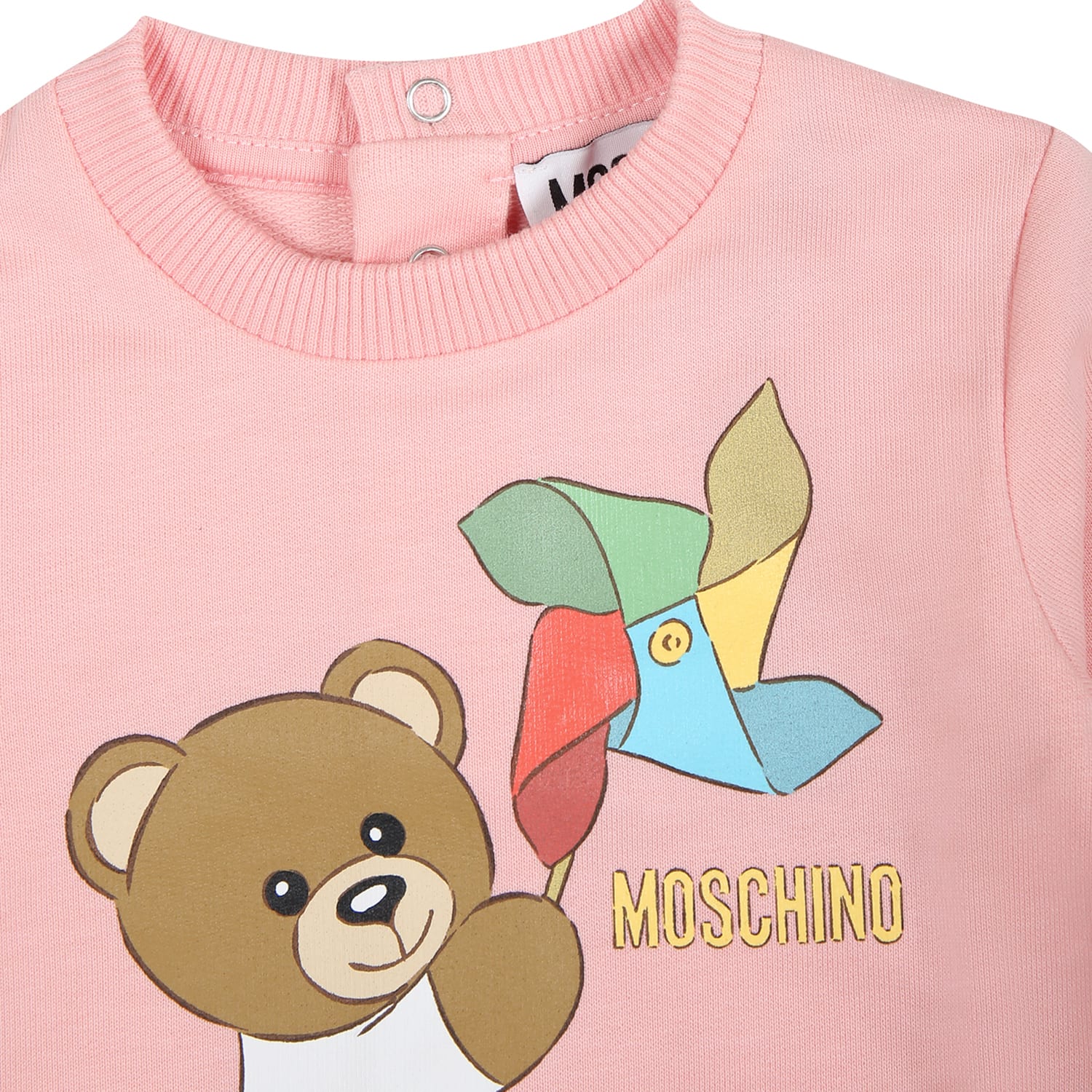 Shop Moschino Pink Bodysuit For Baby Girl With Teddy Bear And Multicolor Pinwheel