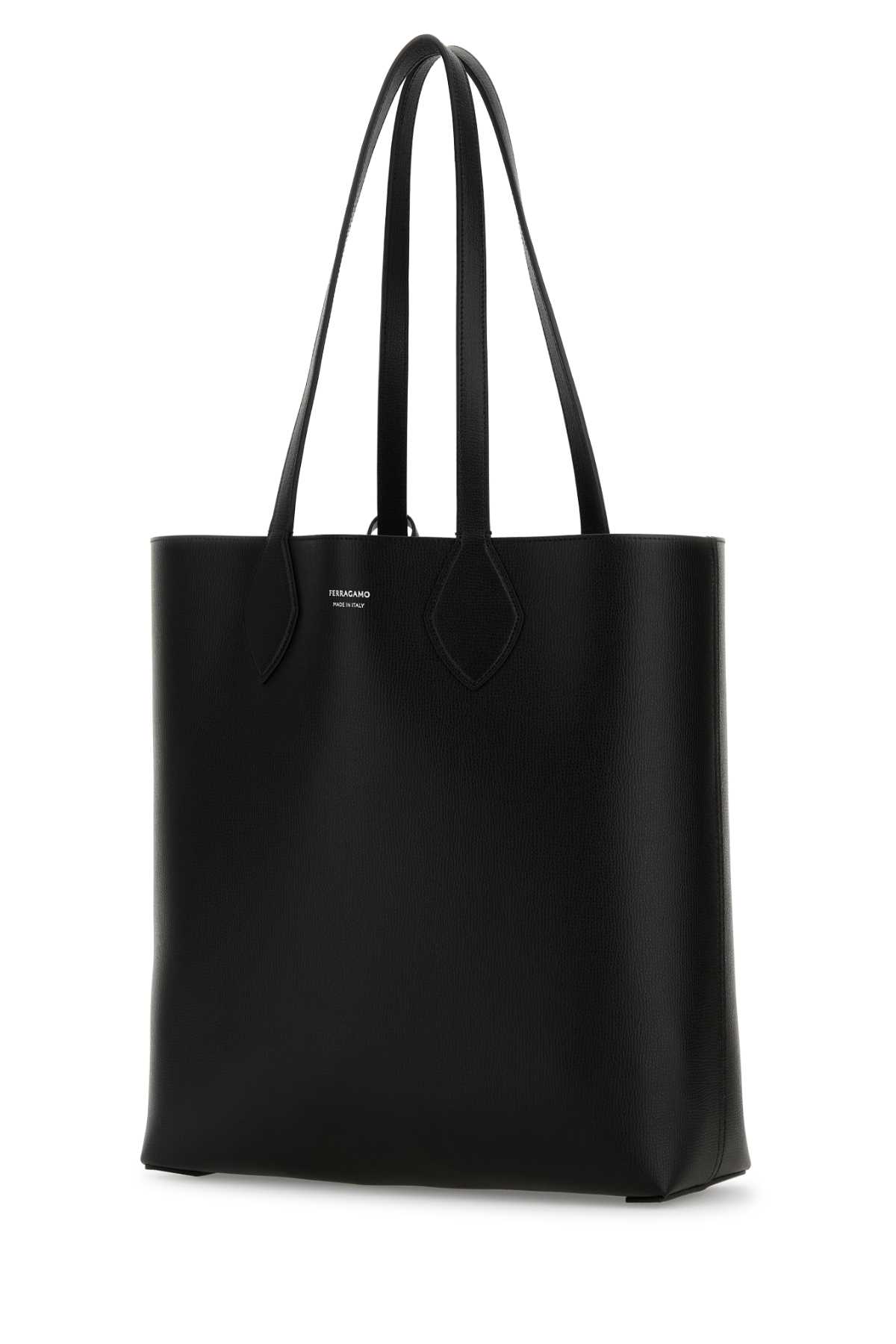 Ferragamo Leather Shopping Bag Double Handles In Black