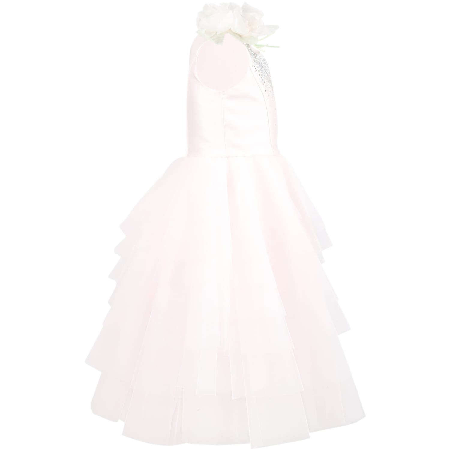 Shop Monnalisa Pink Dress For Girl With Rhinestones And Flowers