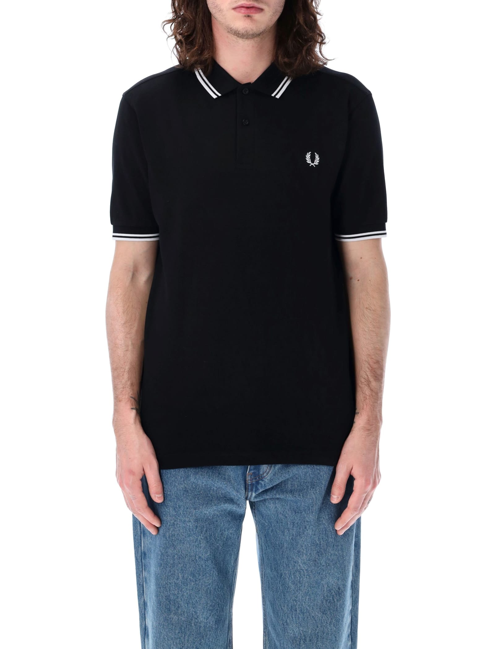Shop Fred Perry The Twin Tipped Piqué Polo Shirt In Black White