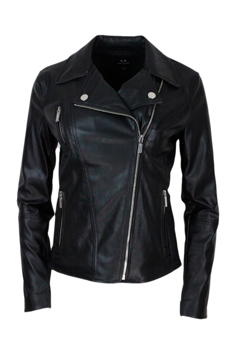 Armani Collezioni Faux Leather Biker Jacket With Zip Fastening