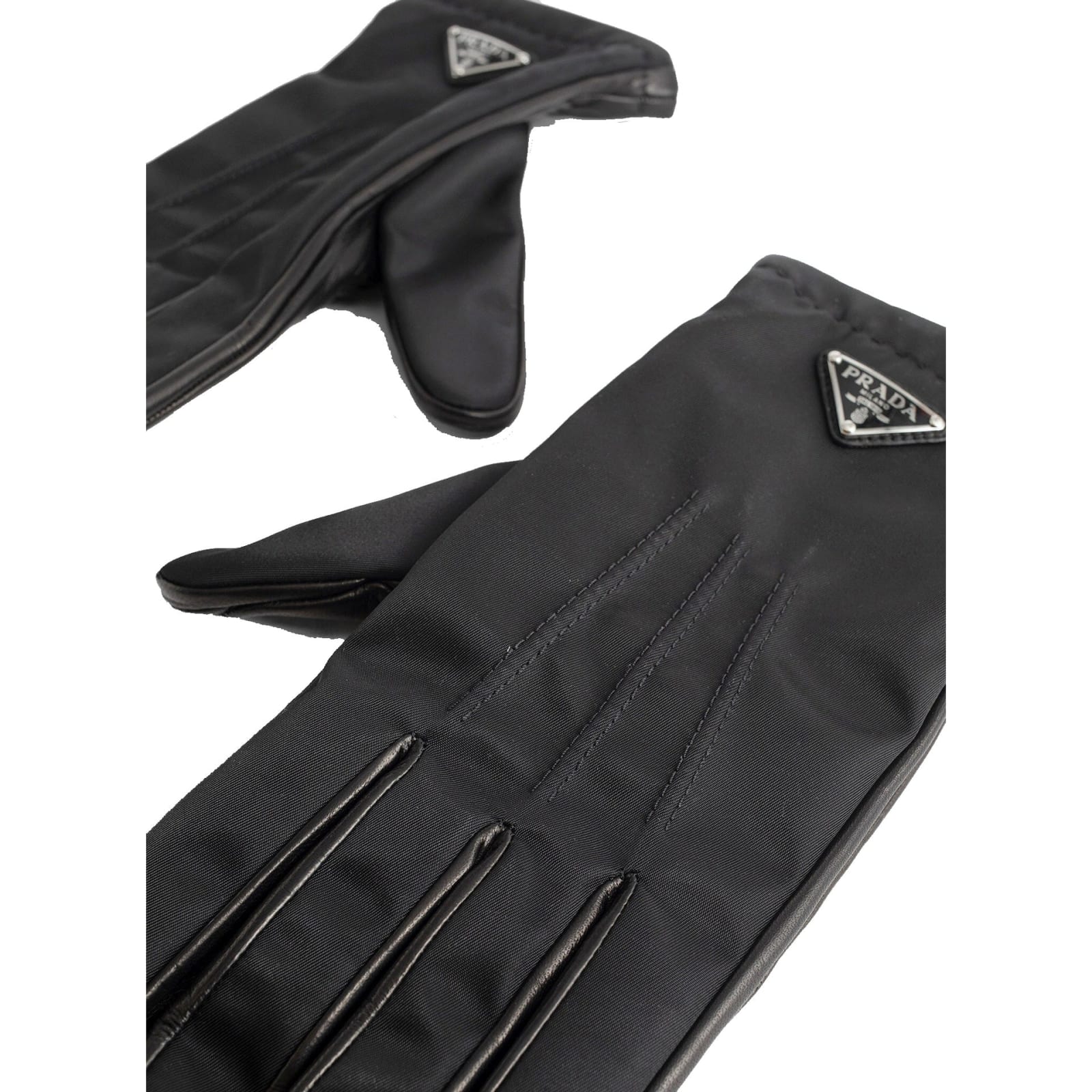 Prada Nylon And Leather Gloves In Black