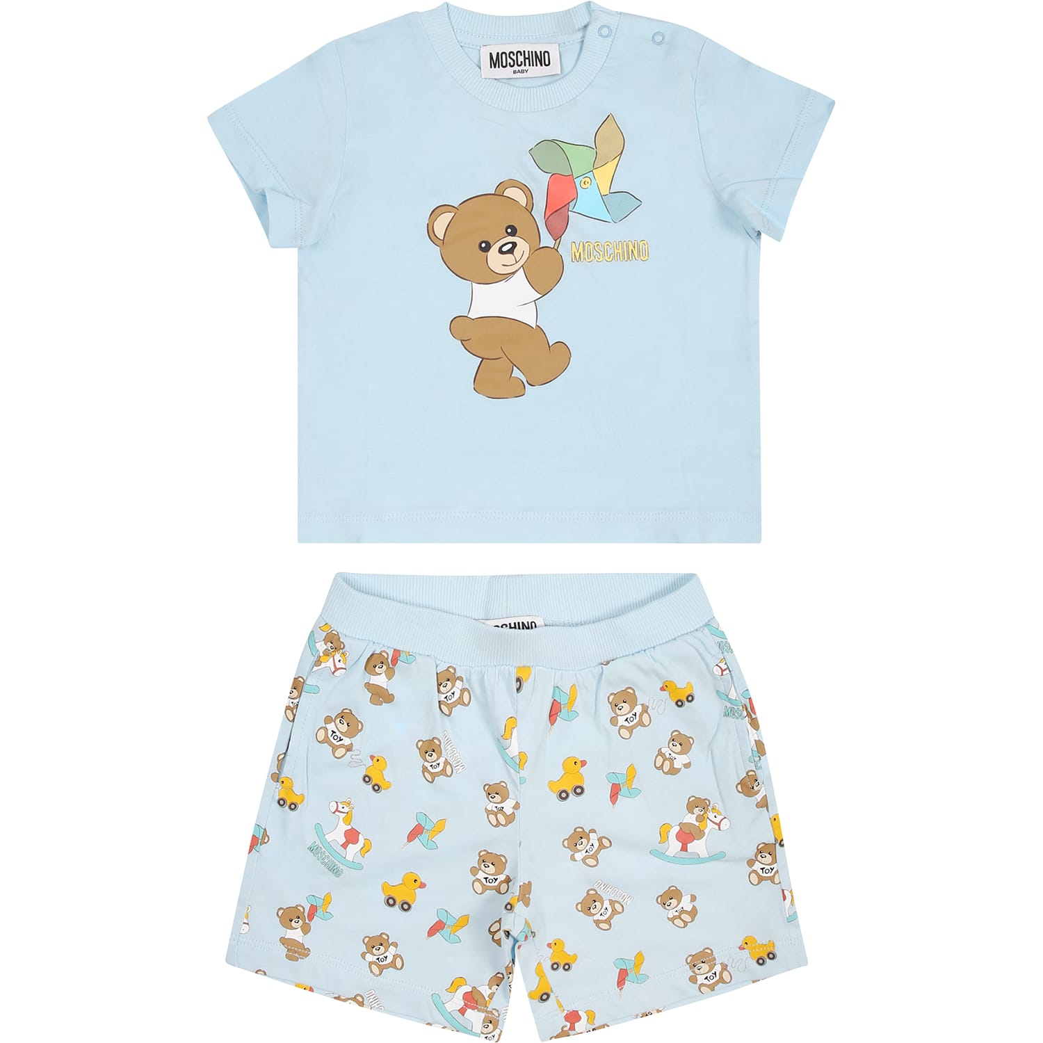 Moschino Light Blue Set For Baby Boy With Teddy Bear And Pinwheel