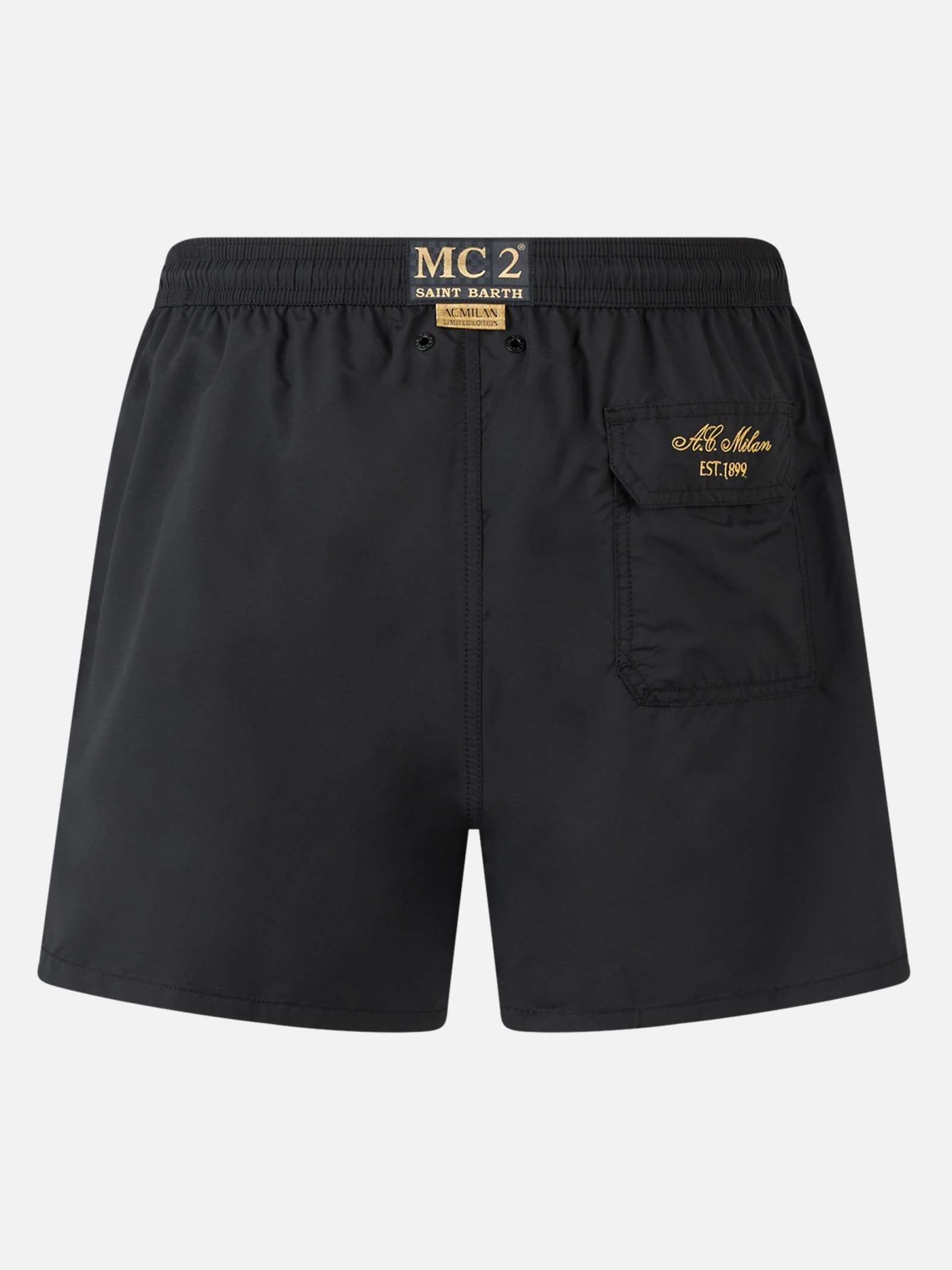 Mc2 Saint Barth Man Black Mid-length Swim Shorts Patmos With Milan 125 Embroidery Ac Milan 125 Special Edition In Black