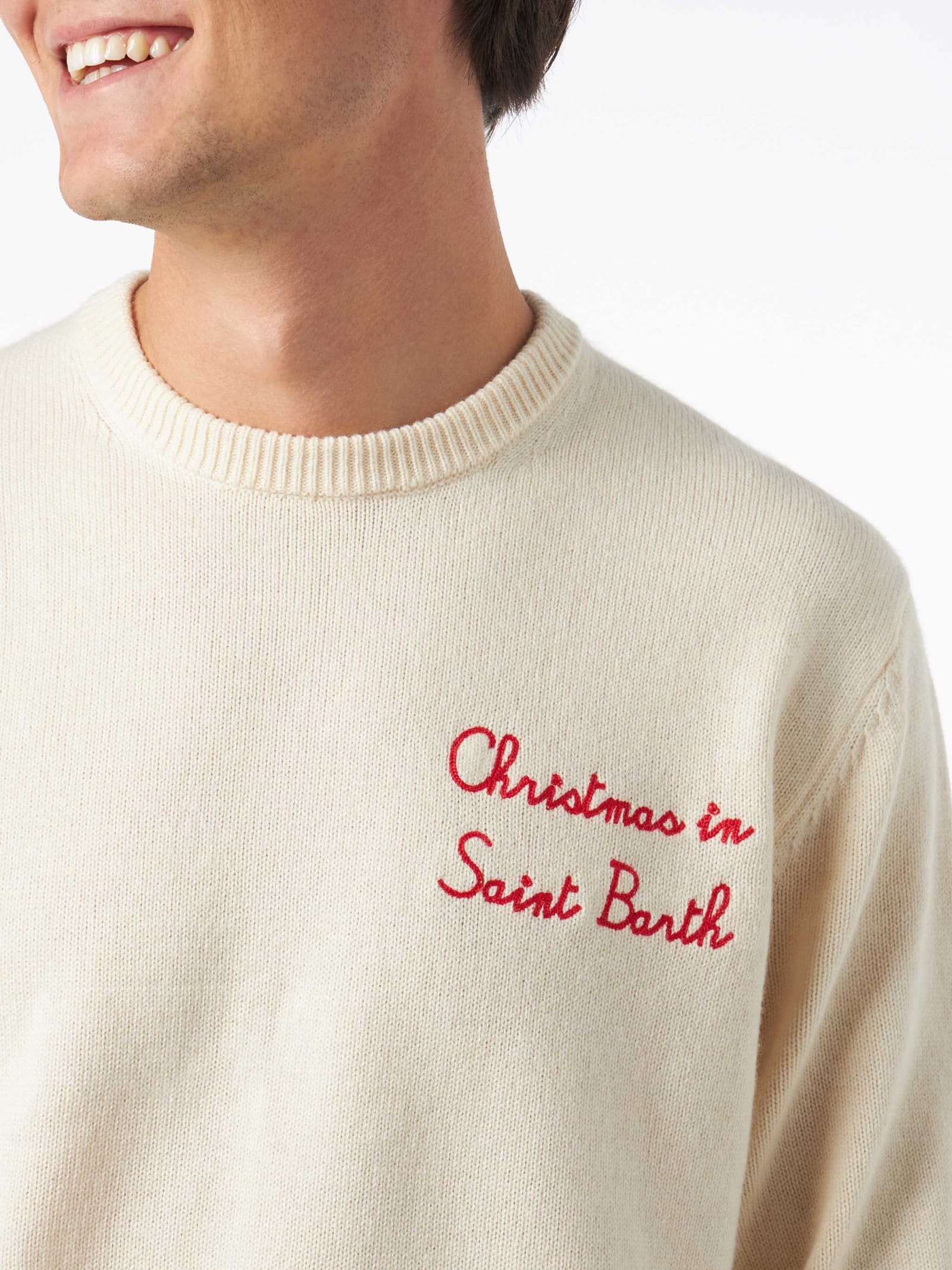 Shop Mc2 Saint Barth Man Crewneck Sweater With Christmas In Saint Barth Embroidery In White