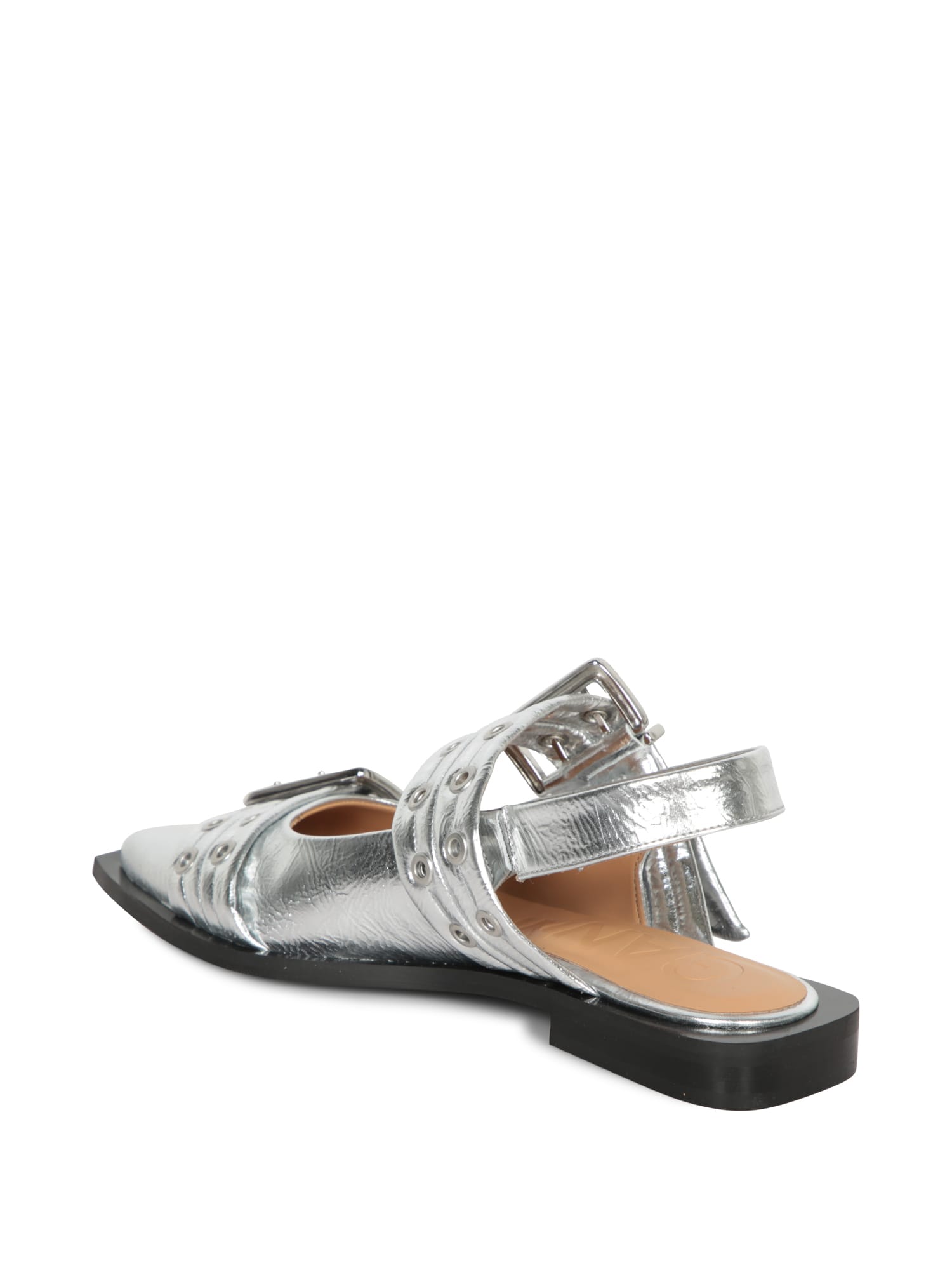 Shop Ganni Silver Buckle Flats In Metallic