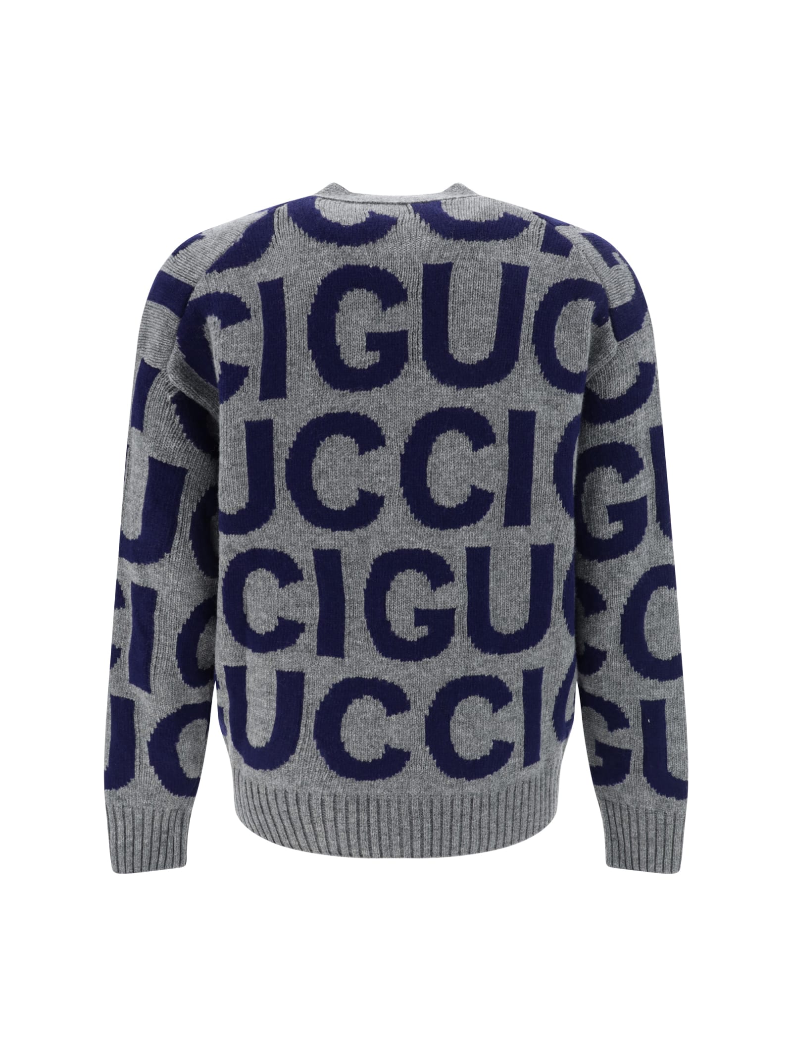 Gucci Logo-intarsia Wool Cardigan In Grey/blue