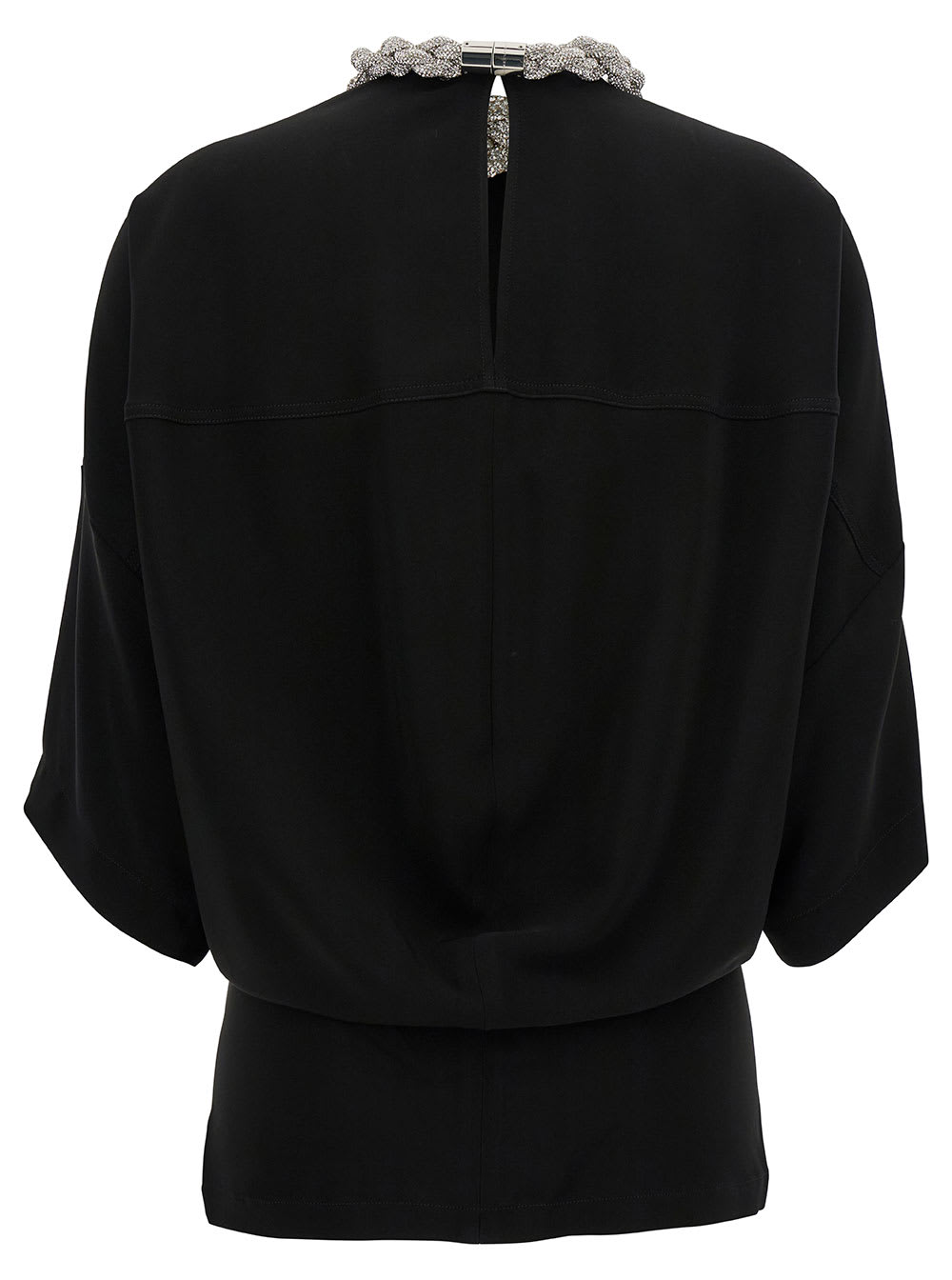 Shop Stella Mccartney Black Crewneck T-shirt With Crystal Chain In Stretch Viscose Woman