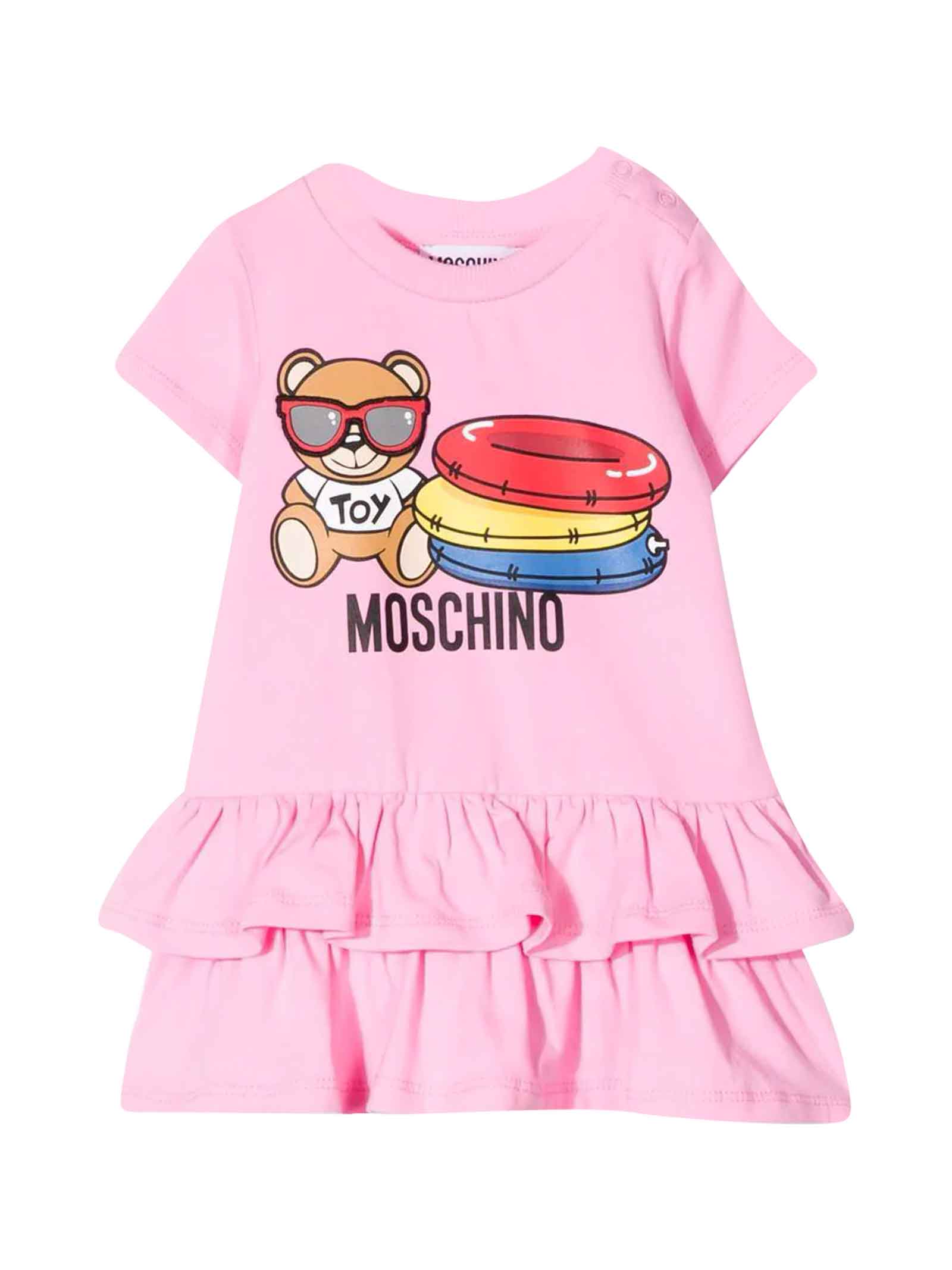 Moschino Pink Baby Girl Dress, With Teddy Bear Motif, Logo Print On The Front, Skirt With Ruffles, Round Neckline, Short Sleeves, Straight Hem And Buttoning On