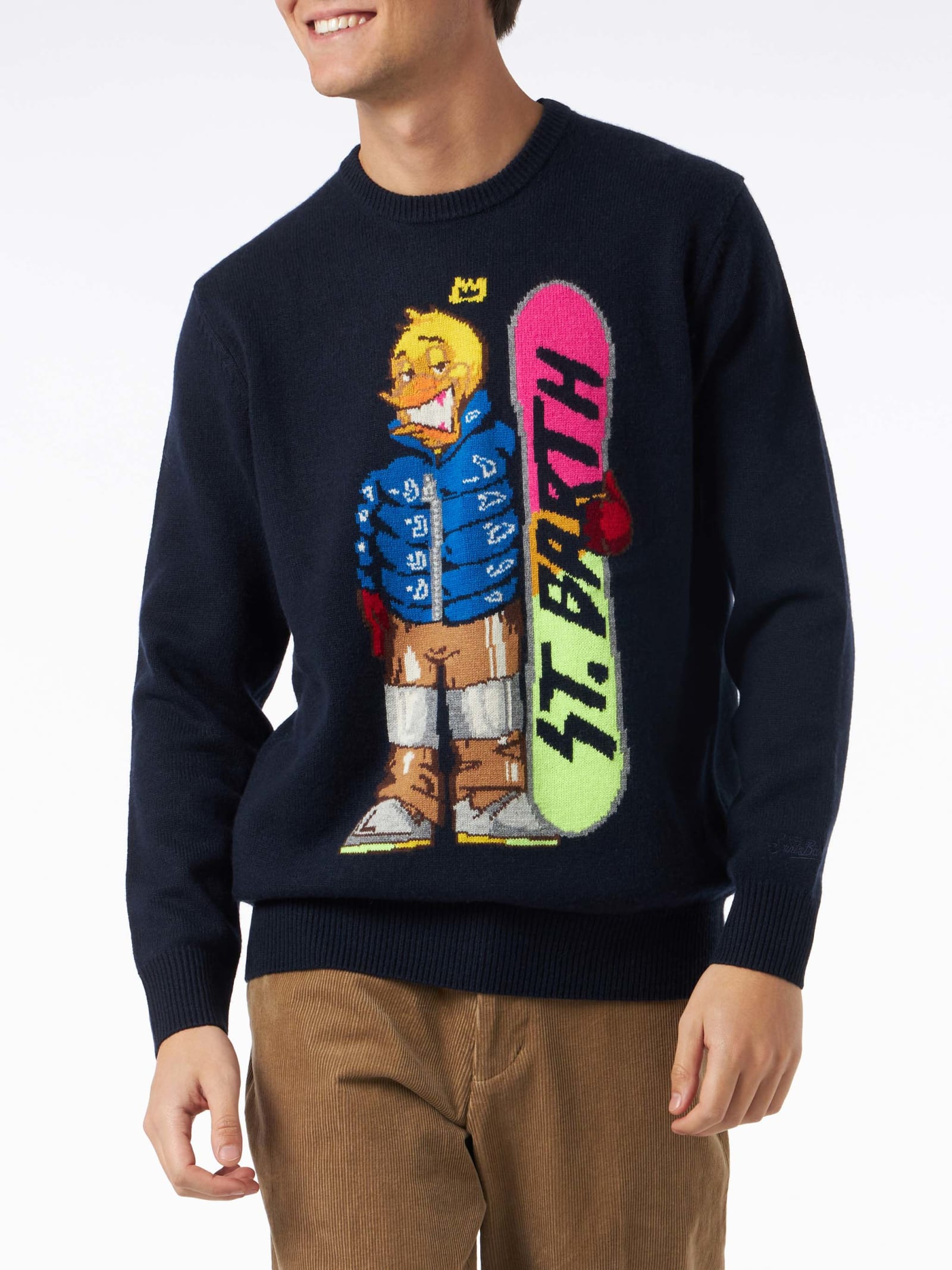 Shop Mc2 Saint Barth Man Crewneck Sweater With Crypto Ducky Jacquard Print Crypto Puppets Special Edition In Blue