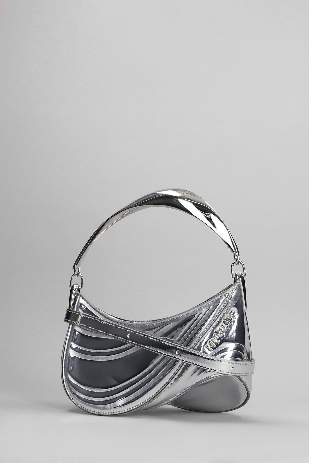 Shop Mugler Curve 01 Foiled Finish Shoulder Bag In Silver