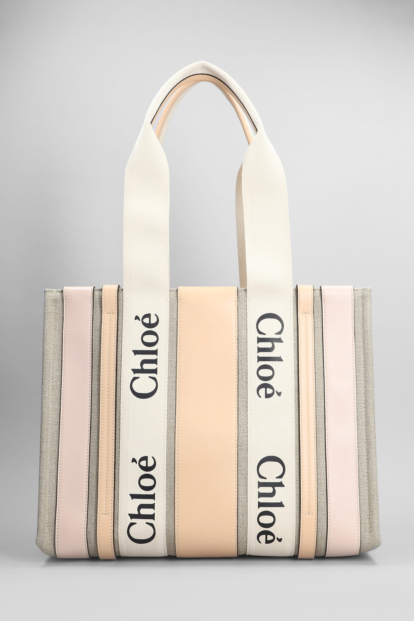 Chloé Woody Tote In Beige Leather And Fabric