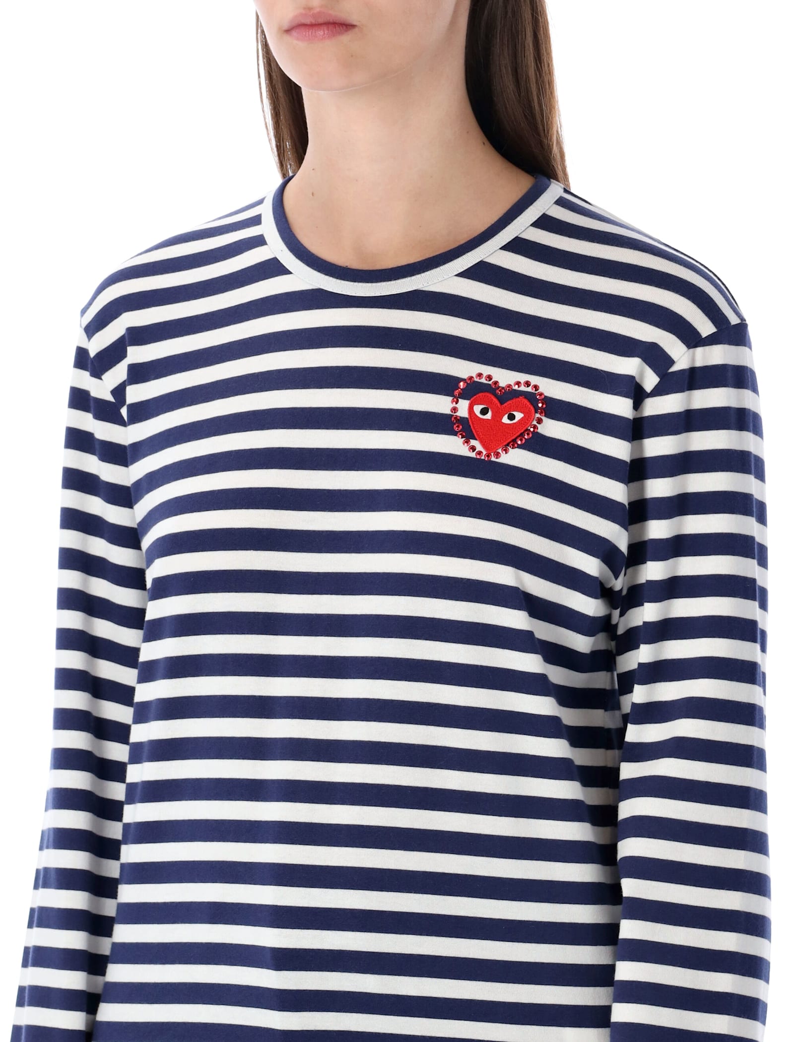 Comme Des Garçons Play Striped Navy And White T-shirt With Crystal Heart In Black
