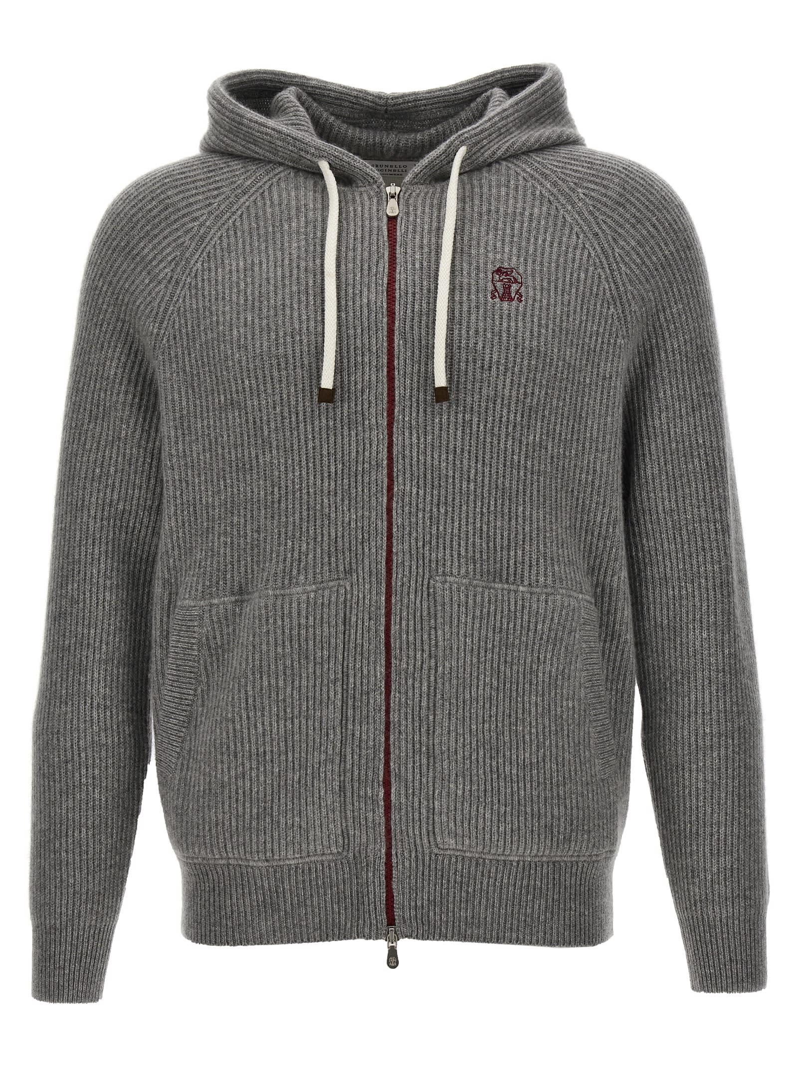 Shop Brunello Cucinelli Logo Embroidered Hooded Cardigan In Grey