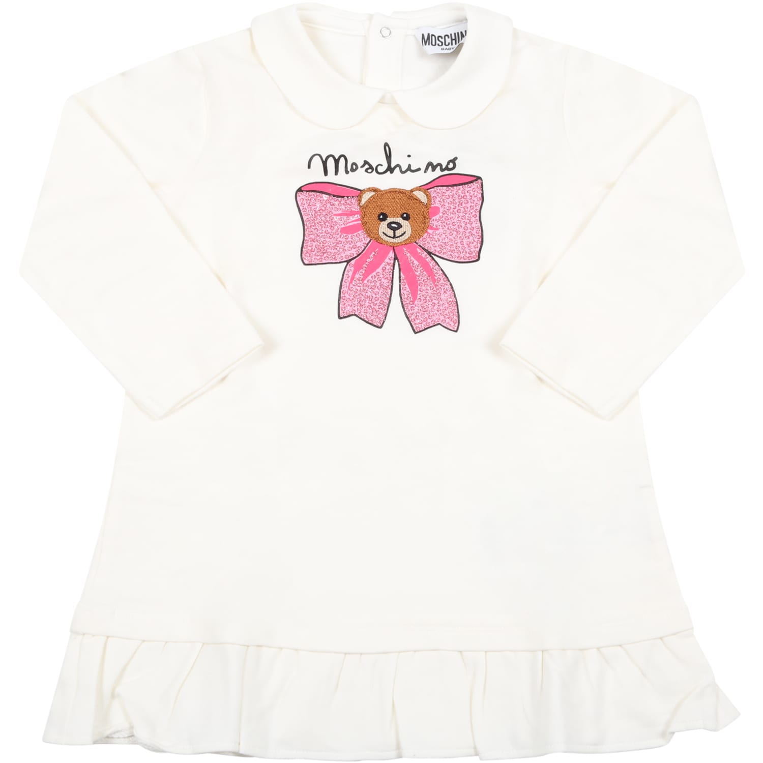 Moschino Ivory Dress For Baby Girl With Bow And Logo