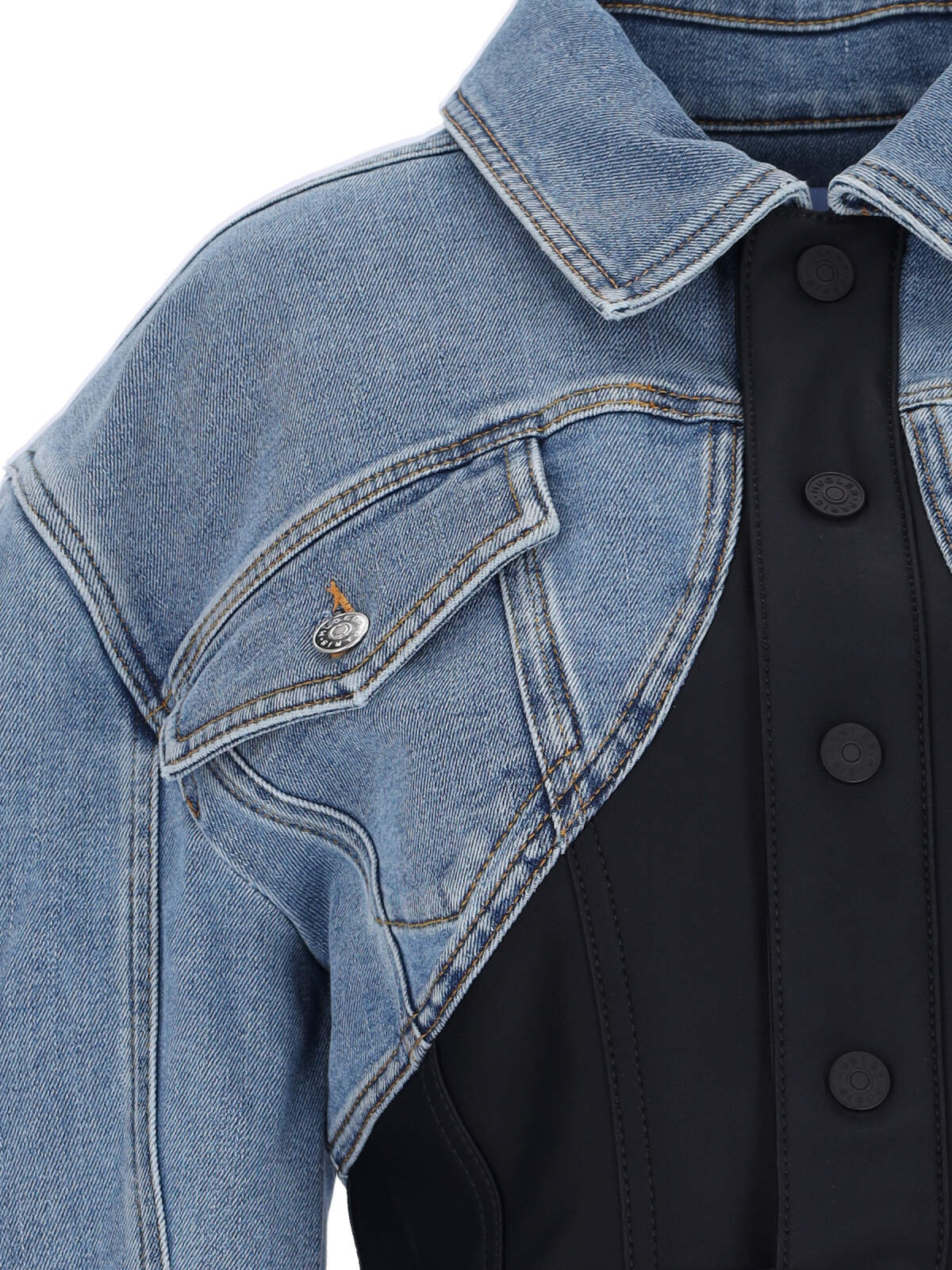 Shop Mugler Cropped Denim Jacket In Blue