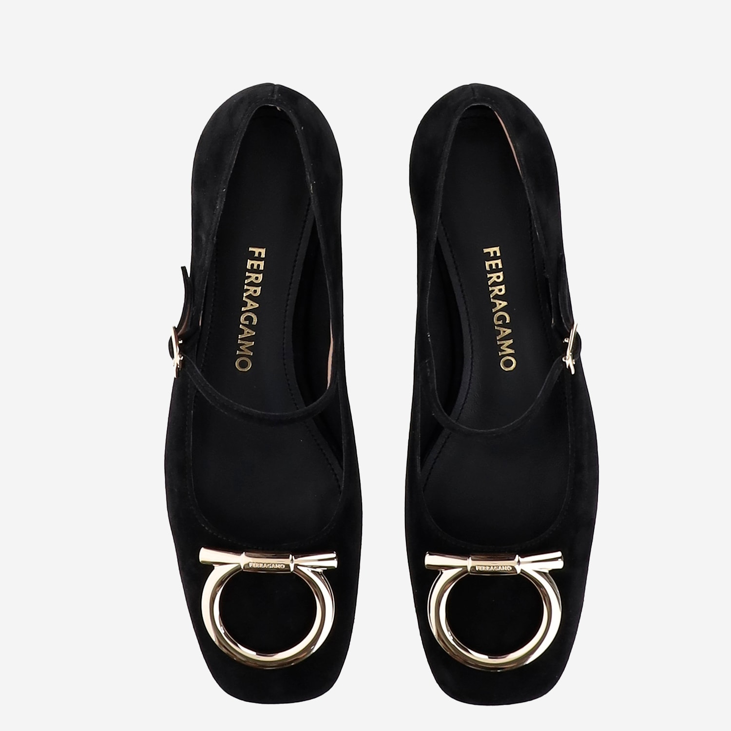 Ferragamo Suede Gancini Heeled Ballerina With Gold Hardware In Black