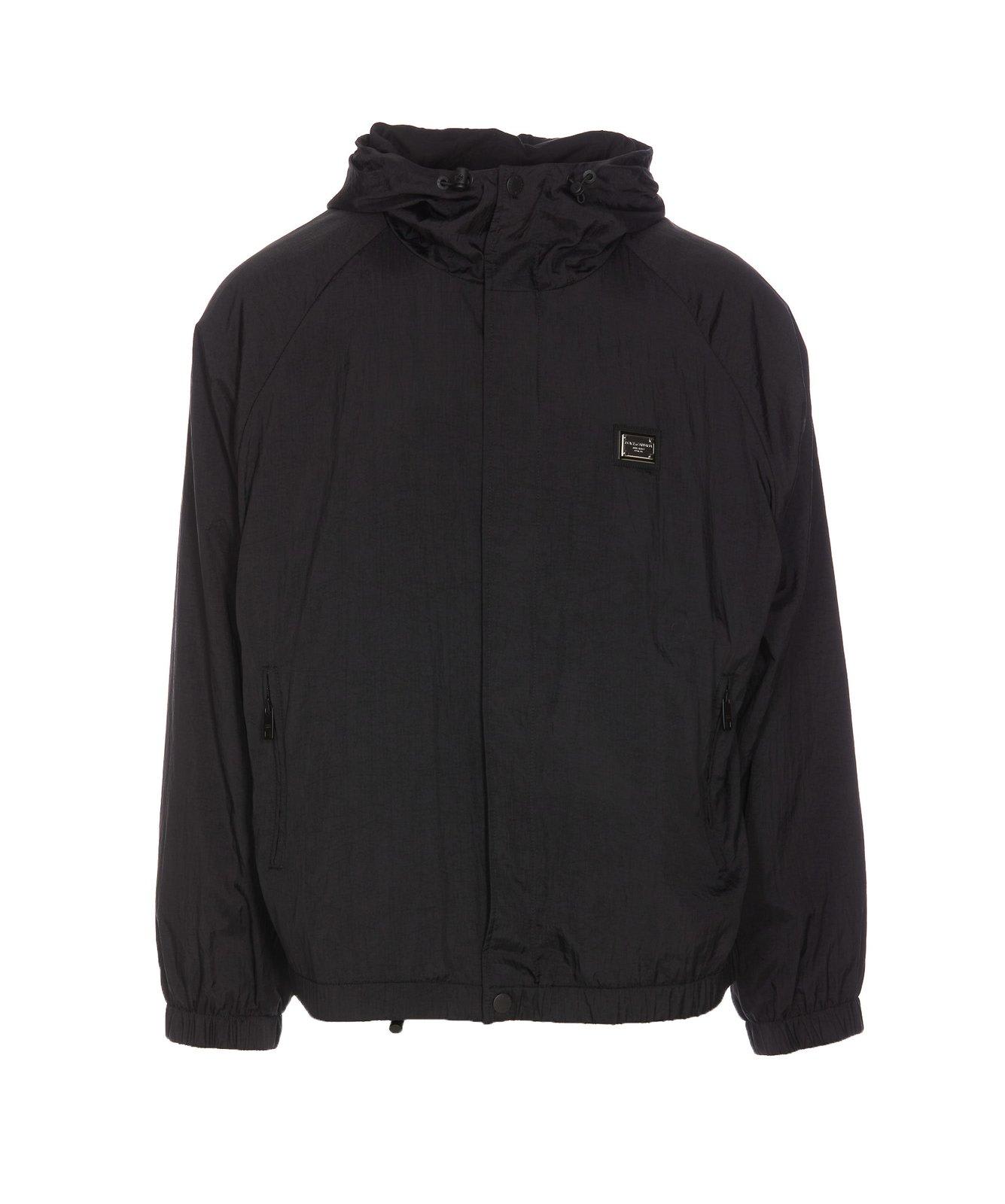 Dolce & Gabbana Logo Plaque Drawstring Hooded Jacket In Nero