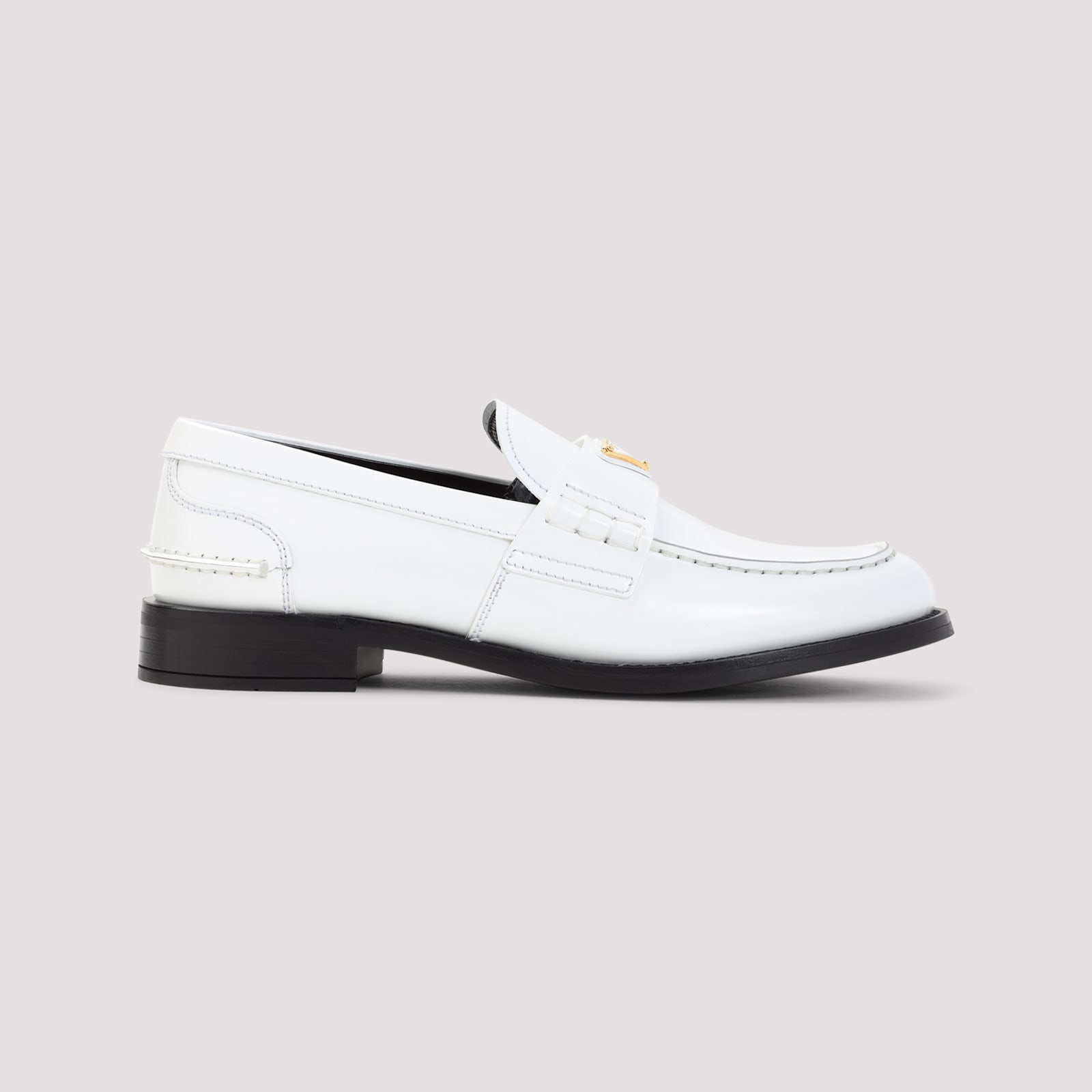 Prada Calf Leather White Loafers With Logo Embellishment In Bianco